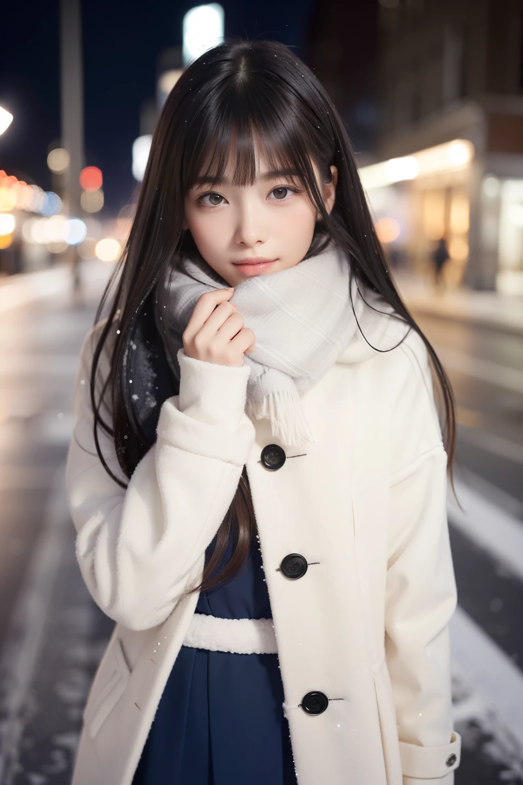 (Smile big:1.3)、(A close-up of one girl is、I have long hair with dull bangs in a winter uniform and scarf coat:1.5)、(A girl with her hair blowing in the wind :1.3)、(Snowy winter night street corner with Christmas lights:1.5)、(perfect anatomy:1.3)、(No mask:1.3)、(full finger:1.Phototriaritic、Photography、muste piece、highest quality、high resolution, delicate and cute、perfect face、Delicate and beautiful air skin around the eyes、real human skin、pores、((slim legs))、(dark hair)、