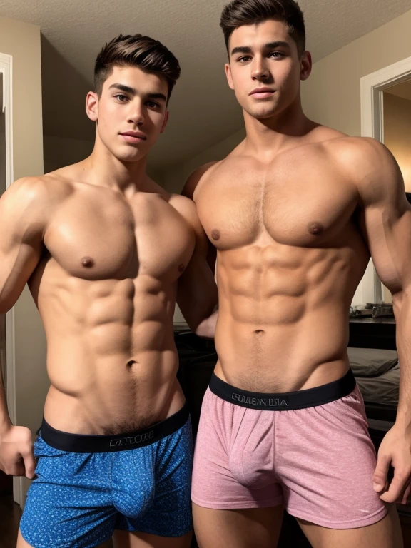 Two handsome 18 year old boys, en boxers, con bulto grande en la entrepierna