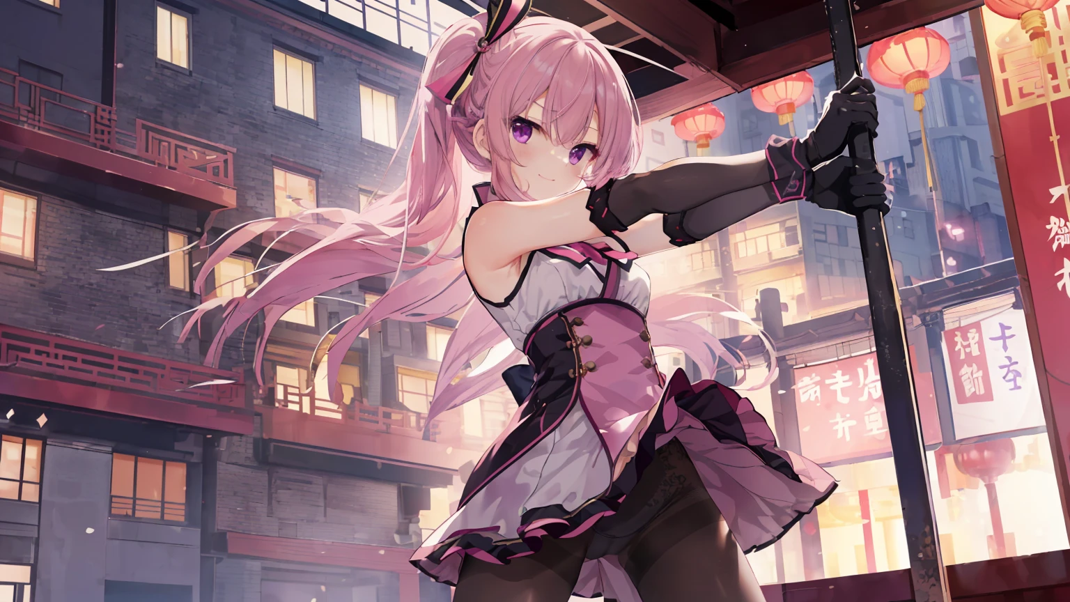 ChinaDress，Chinese buildings background， solo，a girl，170cm height，45CM bust，Pink medium long hair，Purple eye，Black underwear，night，gentle，Smile， ((black pantyhose))，indoors，(((With bare armlack gloves，With bare arms，mitsukasa ayase，fighting pose,