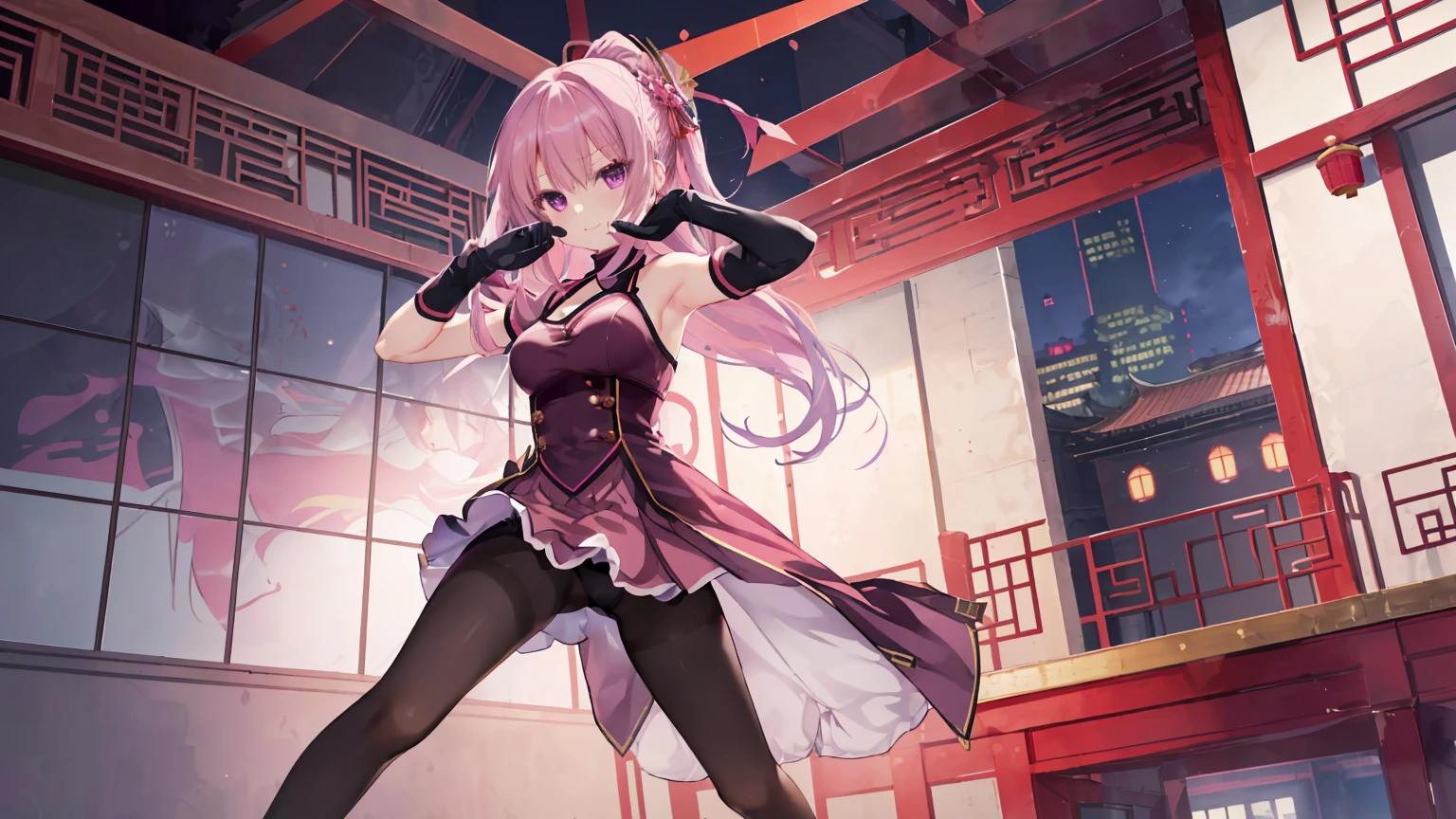 ChinaDress,Chinese buildings background, solo,a girl,170cm height,45CM bust,Pink medium long hair,Purple eye,Black underwear,night,gentle,Smile, ((black pantyhose)),indoors,(((With bare armlack gloves,With bare arms,mitsukasa ayase,fighting pose,