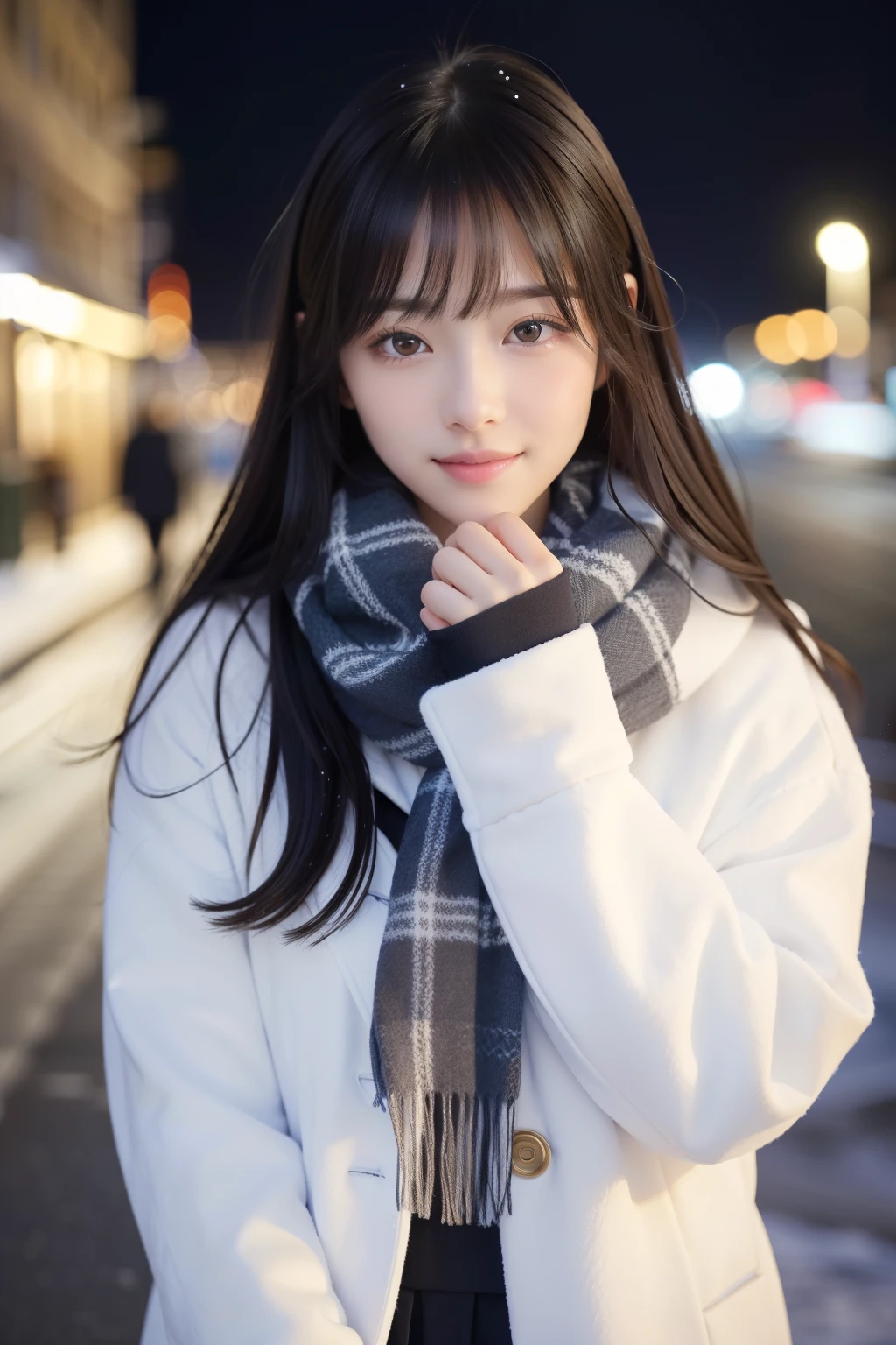 (Smile big:1.3)、(A close-up of one girl is、I have long hair with dull bangs in a winter uniform and scarf coat:1.5)、(A girl with her hair blowing in the wind :1.3)、(Snowy winter night street corner with Christmas lights:1.5)、(perfect anatomy:1.3)、(No mask:1.3)、(full finger:1.Phototriaritic、Photography、muste piece、highest quality、high resolution, delicate and cute、perfect face、Delicate and beautiful air skin around the eyes、real human skin、pores、((slim legs))、(dark hair)、
