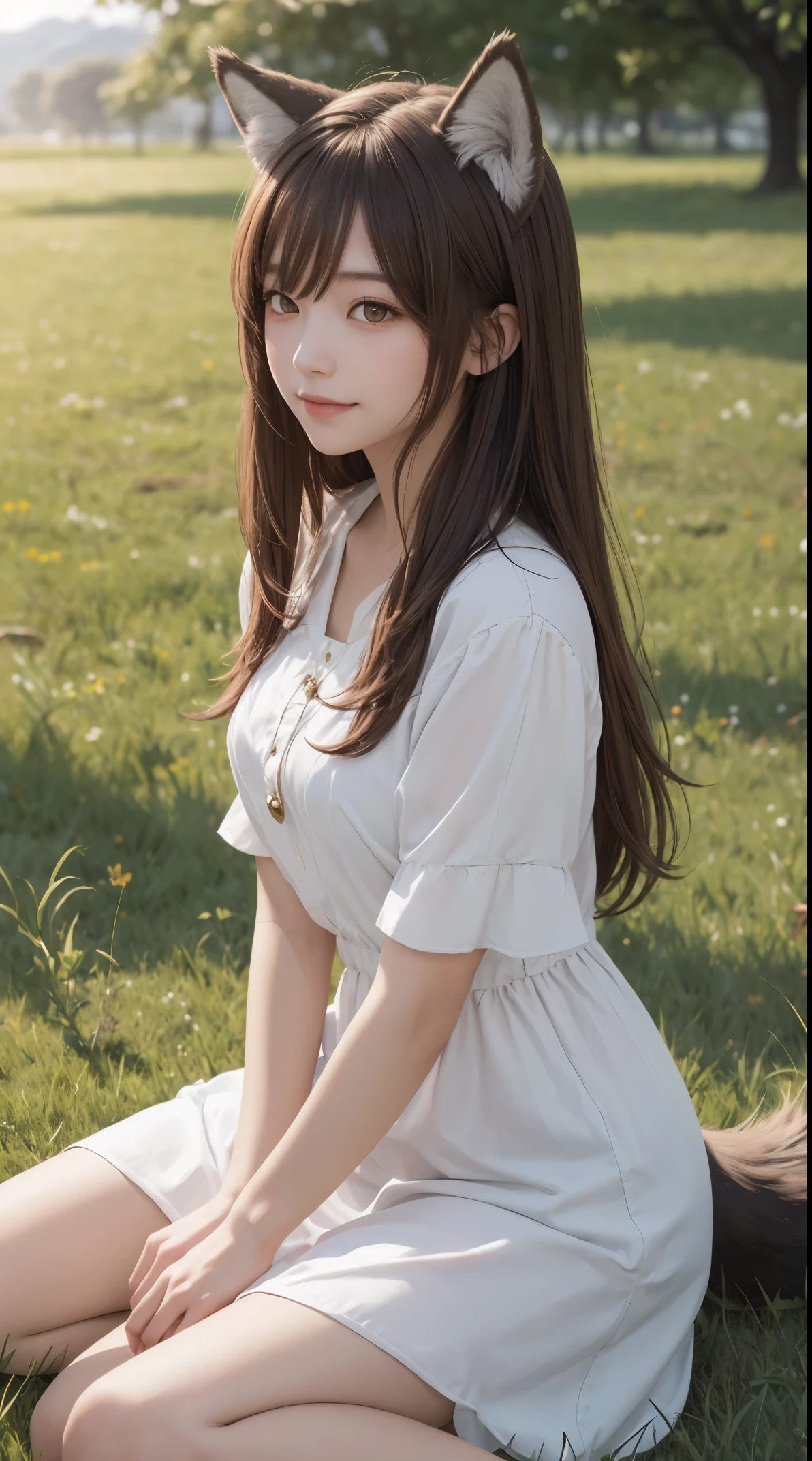 masterpiece,best quality, 1girl, solo, slight smile, slight smile, cherry, sunlight dapple, butterfly, grass animal ears,wolf ears,long hair, tail, wolf tail, red eyes, wolf girl,brown hair,,