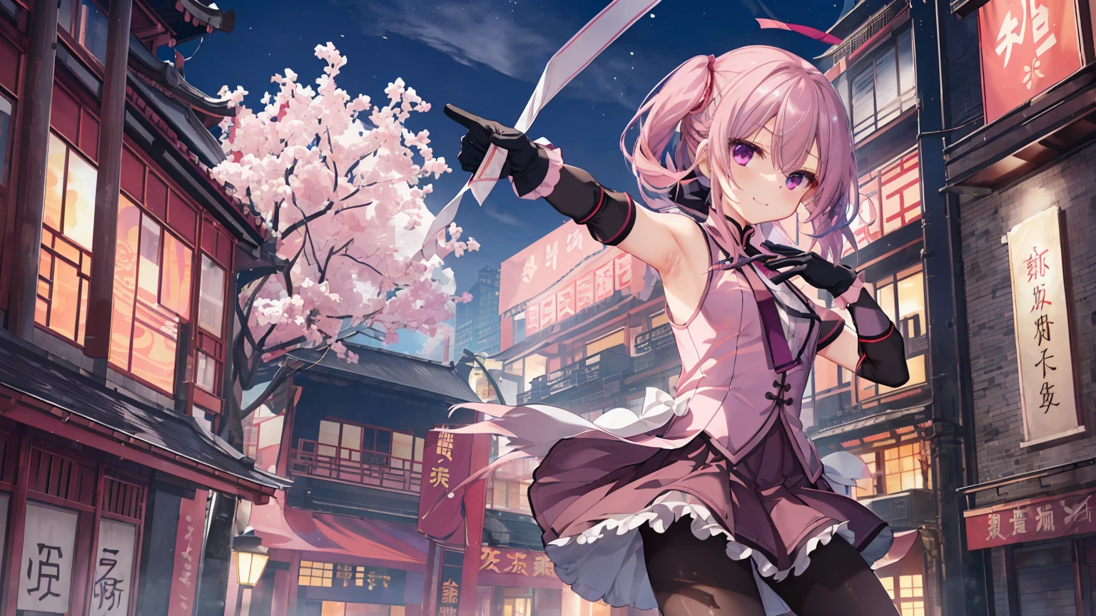 ChinaDress,Chinese buildings background, solo,a girl,170cm height,45CM bust,Pink medium long hair,Purple eye,Black underwear,night,gentle,Smile, ((black pantyhose)),indoors,(((With bare armlack gloves,With bare arms,mitsukasa ayase,fighting pose