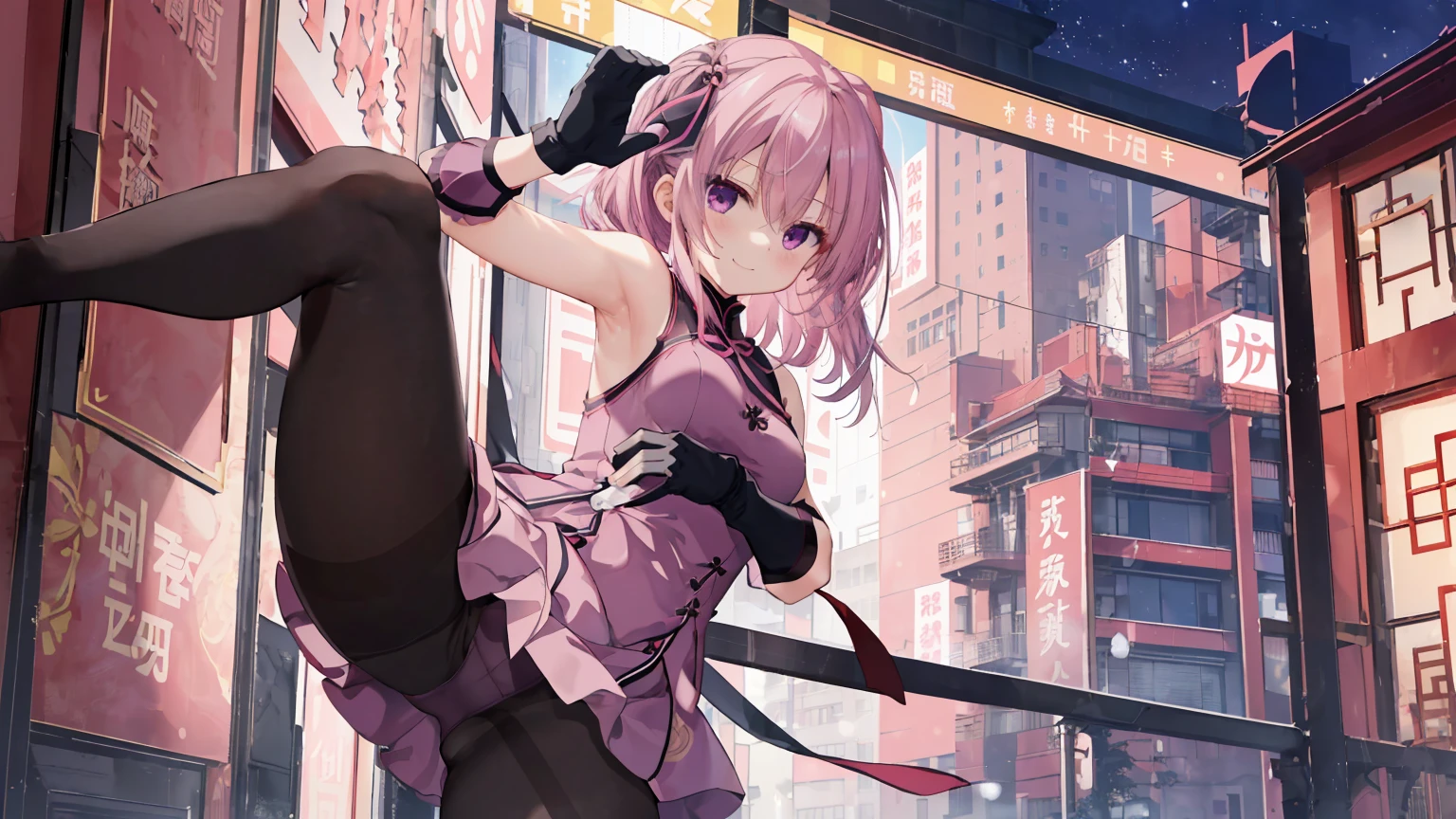ChinaDress,Chinese buildings background, solo,a girl,170cm height,45CM bust,Pink medium long hair,Purple eye,Black underwear,night,gentle,Smile, ((black pantyhose)),indoors,(((With bare armlack gloves,With bare arms,mitsukasa ayase,fighting pose