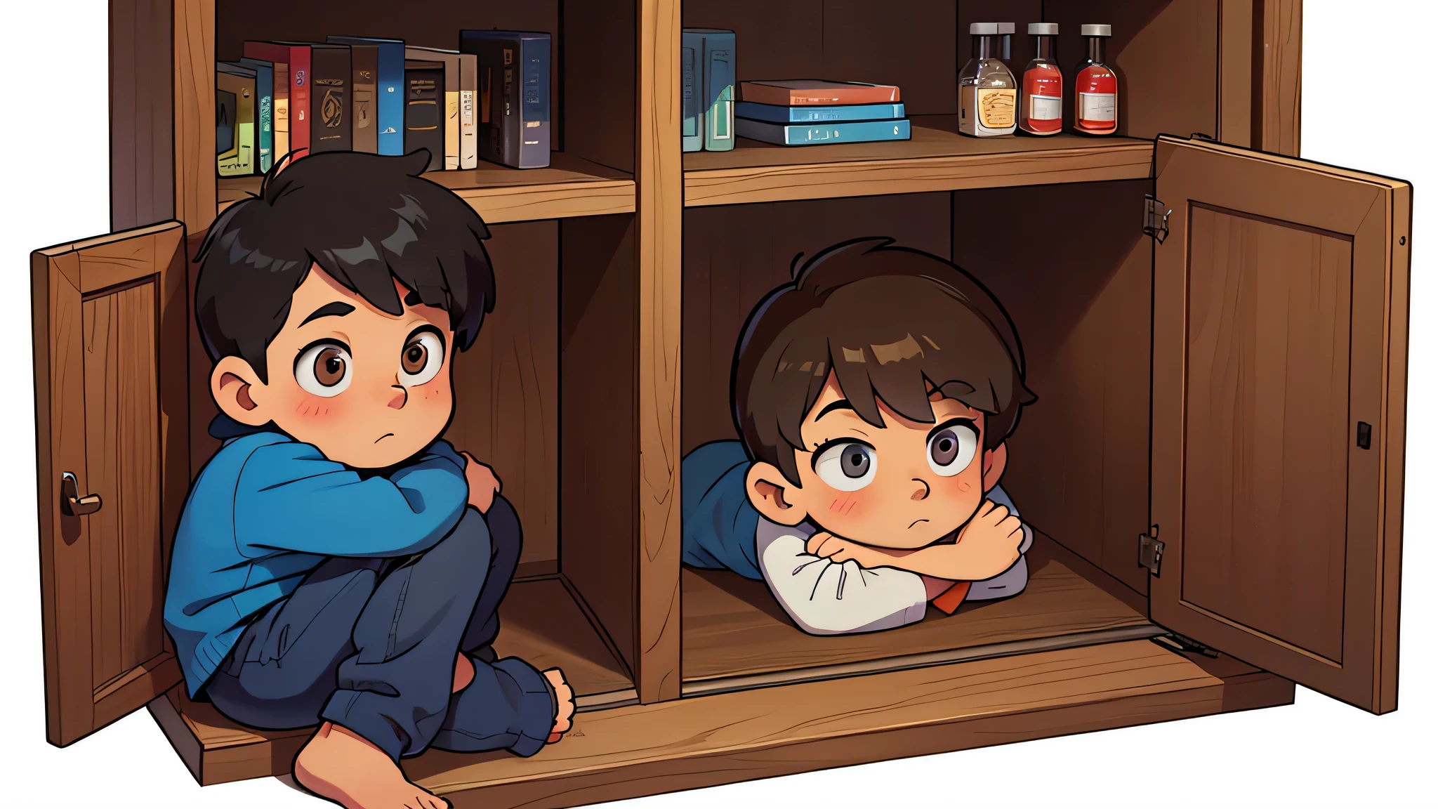 There is an open cabinet in the corner,There is a little boy curled up inside the cabinet