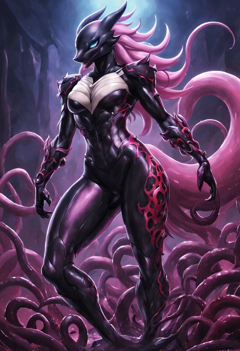 female dragon fusion，Wear tentacle armor，symbiote girl，Venom，evil depravity，sexaloid，gynoid，whole body concept，slime suit，Full body tight suit，scale pattern，full body painting，carnage，renamon suit，vagina，tentacle suit，living body，触手が挿入されたvagina，taken in by a dragon，dragon legs，Dragon Arms，fluffy fox tail，tentacle fusion，tentacle tail