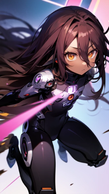 Masterpiece, Top quality, high resolution, highres, 8k, best quality, HD, child, 1 male, shota, cute, innocent, ((dark skin)), orange eyes, otokonoko, dark brown hair long hair in a side-swept style smooth, wearing an a black fullbody bodysuit, exosuit armour parts, cute artstyle, stand still, close up, (Shuvi), (deus ex machina race), (no game no life), Mecha Musume