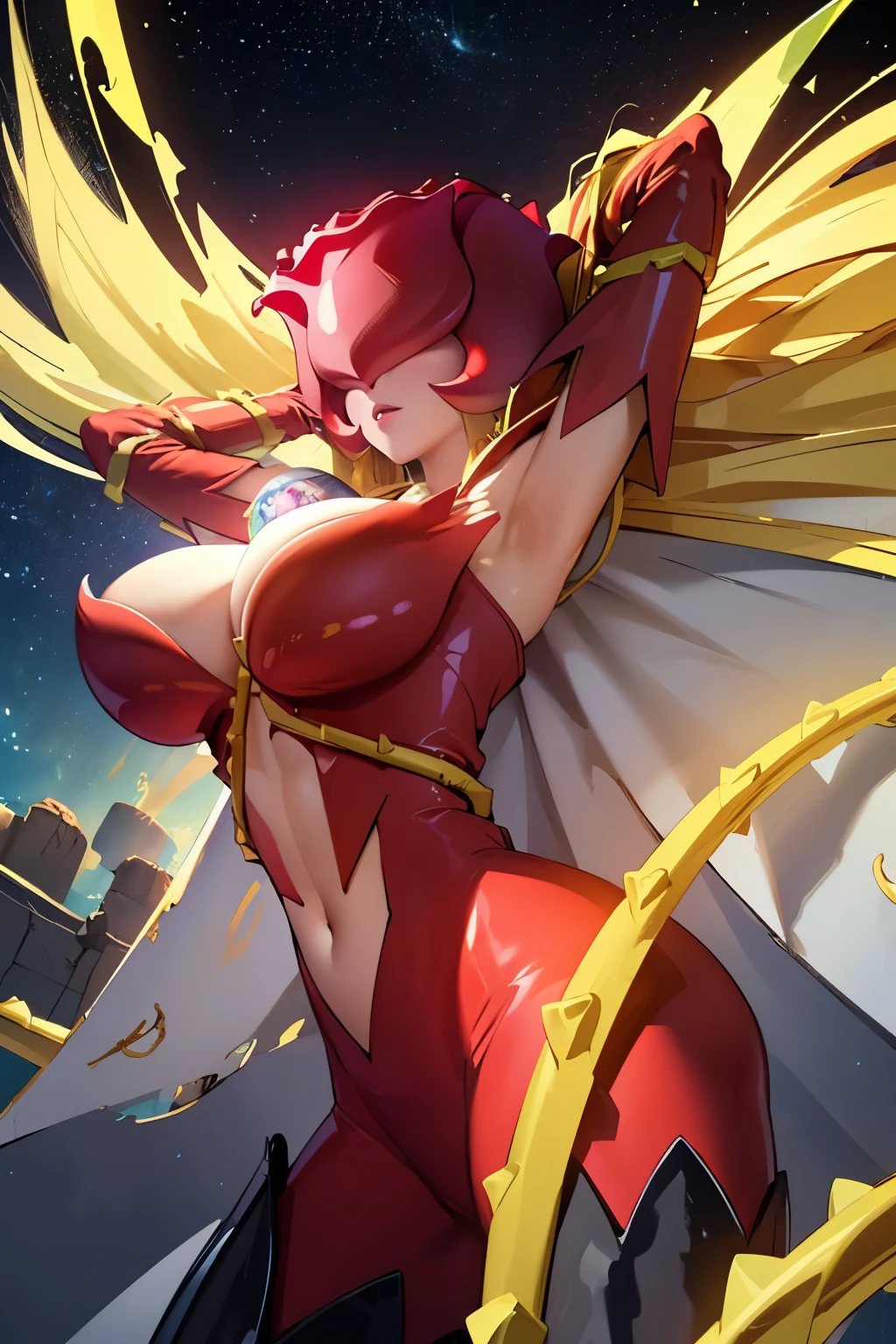 (masterpiece, top quality), (medium),official art, beautiful and aesthetic:1.2),(rosemon:1.3), (fractal art:1.3),upper body, from side, (slendered abs:1.2), looking at viewer,(((starry sky))), stars in the background, shining halo,((gigantic breasts:1.6)), (midriff),((ultra detail eyes:1.5)),((extremely detailed CG unity 8k wallpaper,masterpiece, best quality)), ((ultra-detailed:1.5)),(best illumination, best shadow, an extremely delicate and beautiful),(extremely detailed CG unity 8k wallpaper,masterpiece, best quality, ultra-detailed),(best illumination, best shadow, an extremely delicate and beautiful),(perfect body: 1.5),(masterpiece), dynamic movement, digital art, otherworldly, a burst of color, explosive energy, chaotic beauty, (hair flowing:1.2, hair glowing), (body distorted:1.5, body fragmented), (face obscured:1.2, half hidden), (background: broken, shattered, fractured), (light: flickering, pulsating, radiating).