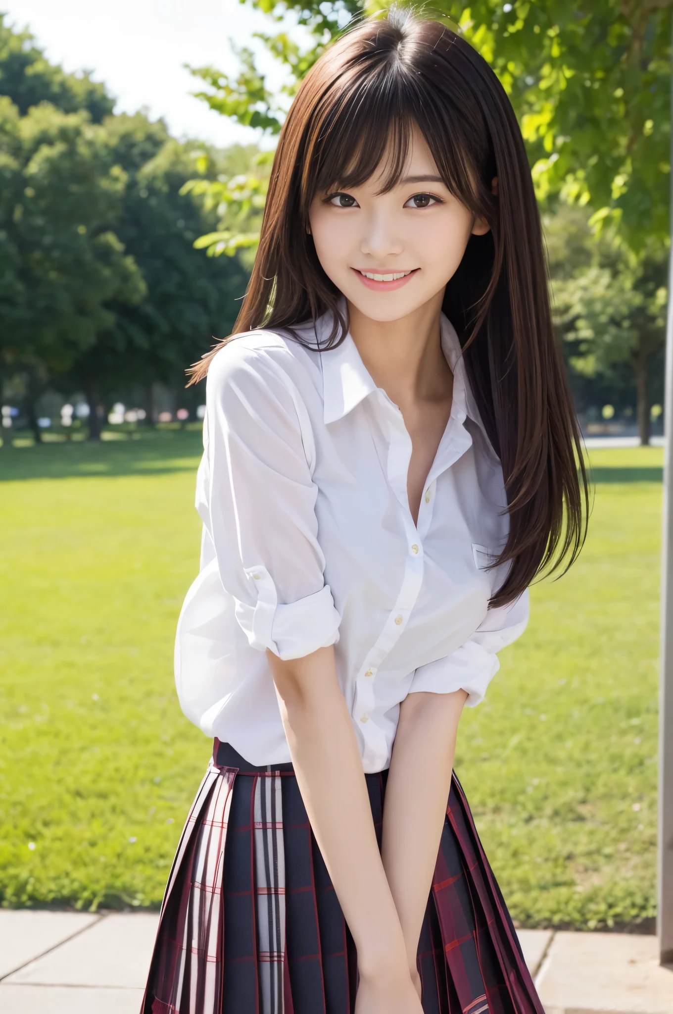 Close-up of a woman posing for a photo,  japanese model model, 17-year-old female model,  In 4K、bangs、black hair、bob hair、medium hair、straight hair、(school uniform、Plaid pleated skirt:1.2),　(Idol style super cute face:1.2)、slim and beautiful body、beautiful breasts、A smile、Full body Esbian:1.5、The background is an empty park、beautiful legs、sexy pose、Erotic Poses、A girl excited by sexual desire:1.5, provoke、