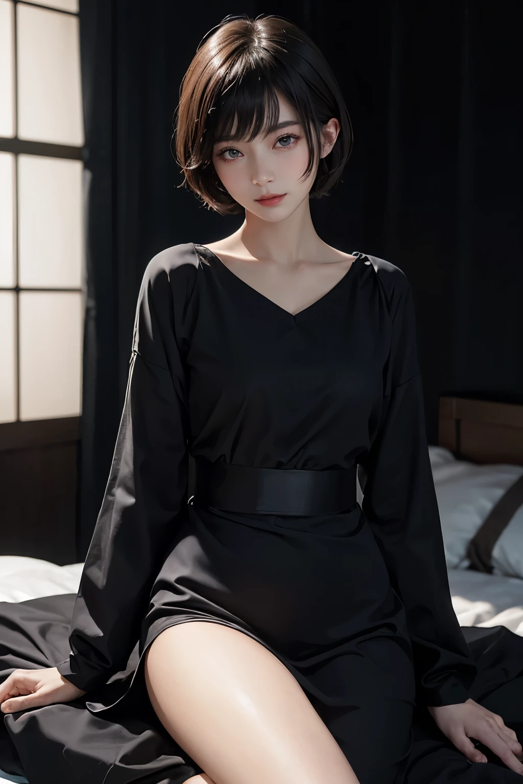 A futuristic room with a night view、quiet time at night、Beautiful woman resting in a sophisticated black and white room、Look upwards, Close your eyes and smile、slightly open lips、short haired、Beautiful Japanese actress nightwear、(real、フォトreal)、Beautiful Japan actress、short haired、Sakimi-chan、cinema light, realisticlying, best quality, Complex CG,highly detailed face,High detail eyes,