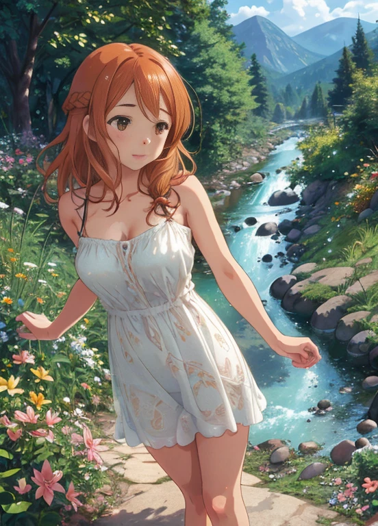 female only, nude body, large breasts, Fishtail braid, stubborn expressions, orange hair, brown eyes, Standing with arms hanging loosely, full body, hojo karen, naked boy,
masterpiece, best quality, illustration, beautiful face and eyes details, detailed skin, highly detailed naked body, 
clear sharp focus, wallpaper, Megapixel, highres, Intricate details, ultra-detailed nude body, 8k, silhouette, Dolly zoom, professional lighting, hdr, ray tracing, light particles, 
A secluded mountain valley with a meandering river and wildflowers in bloom, Graffiti, Magnolia, mysterious, Warhol, 