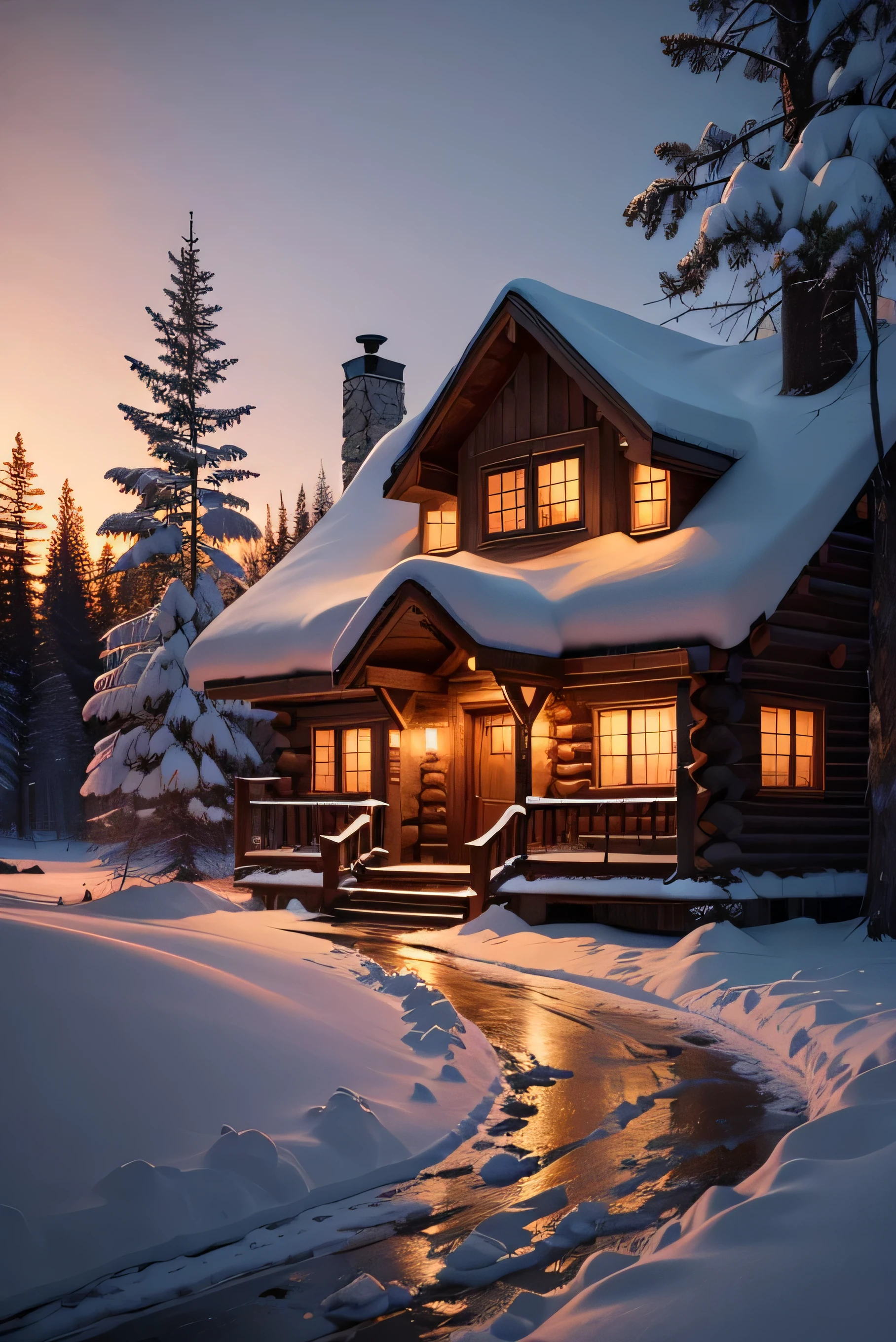 A rustic wooden cabin nestled in a snow-covered pine forest during the golden hour, with the warm glow of lights emanating from its windows, creating a cozy and inviting atmosphere.
