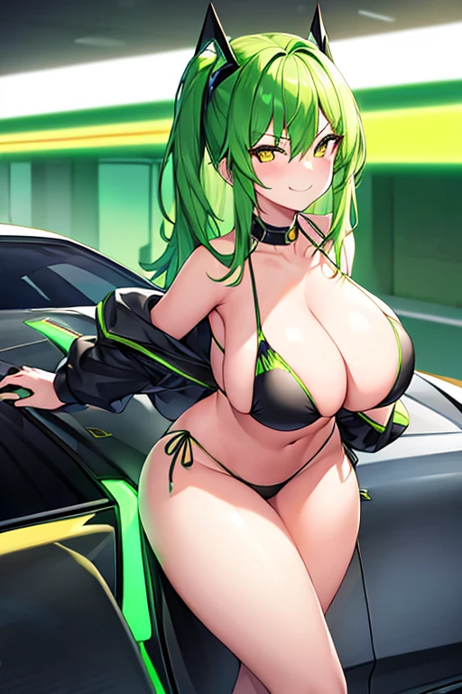 1girl, large breasts, breasts, wide hips, green hair, highleg bikini, bikini, black bikini, yellow eyes, smirk, smile, car, futuristic, science-fiction, tech, neon, neon trim, shoes, machinery,
