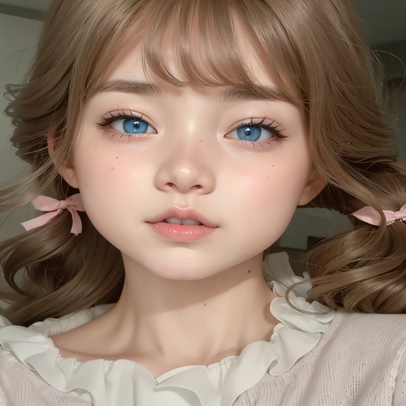 There&#39;s a girl with blue eyes and a pink bow in her hair, retrato realista kawaii, rosto de anime natural fofo, pastel blue eyes, olhos azuis claros e penetrantes, maquiagem suave, olhos azuis e testa grande, olhos azuis claros, cara clara e fofa, bright olhos azuis claros, lindos olhos grandes realistas, adorable and pale korean face, lindo rosto delicado, olhos azuis perfeitos