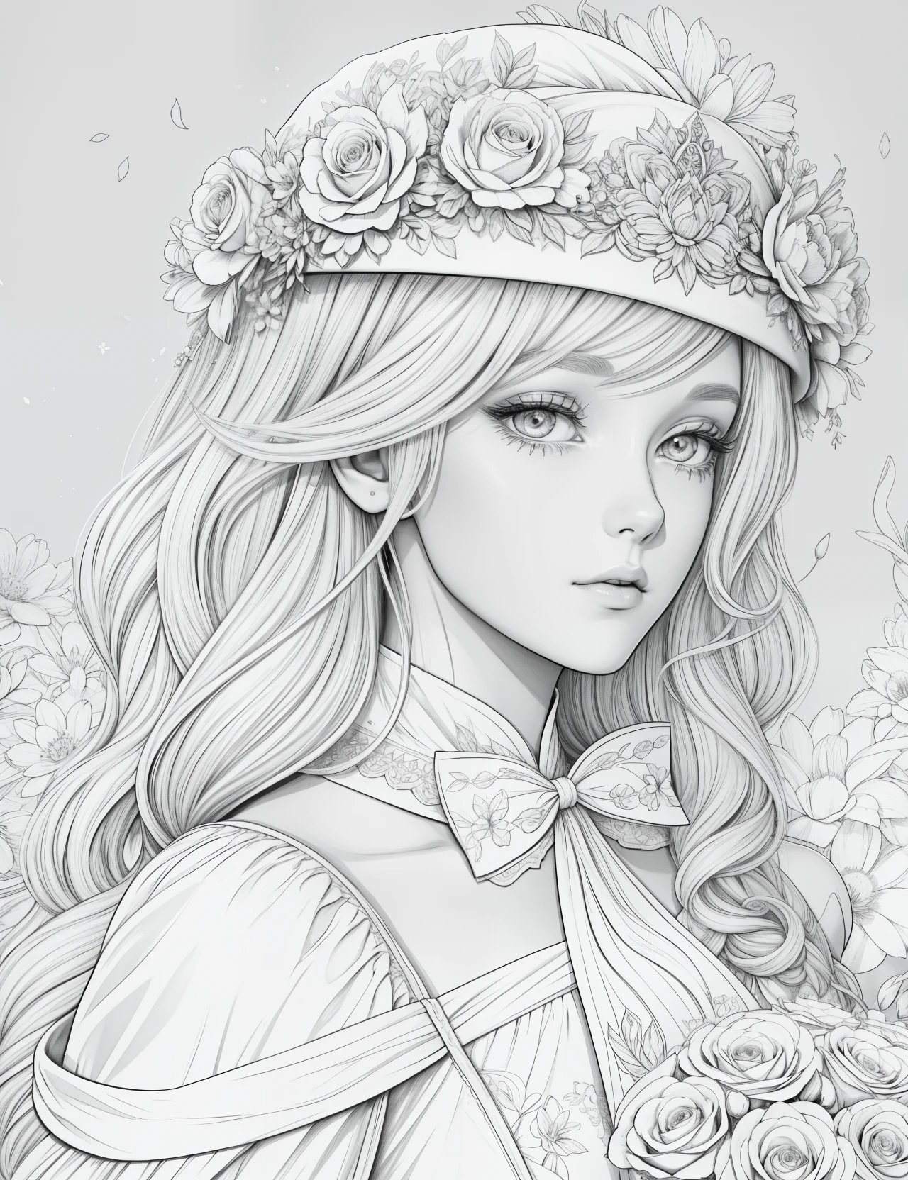 dessin d’illustration à colorier de la Forest Fairies , cheveux blancs, Portez une robe de princesse, cheveux très détaillés, Faire face au bonheur, Dessin au trait épuré, très détaillé, Station artistique, Porter la couronne de flore, art conceptuel, netteté, illustration, Beaux yeux, Lignes gratuites, feuille de personnage, 8k, comprimento de tout le corps, Dominer en paix, Fond rose et fleurs, peu de détails, Station artistique, art conceptuel, netteté, illustration, Lignes gratuites,  dessin au trait, feuille de personnage, 32K, tout le corps, Vue multiple, ???? et blanc, Fond blanc pur