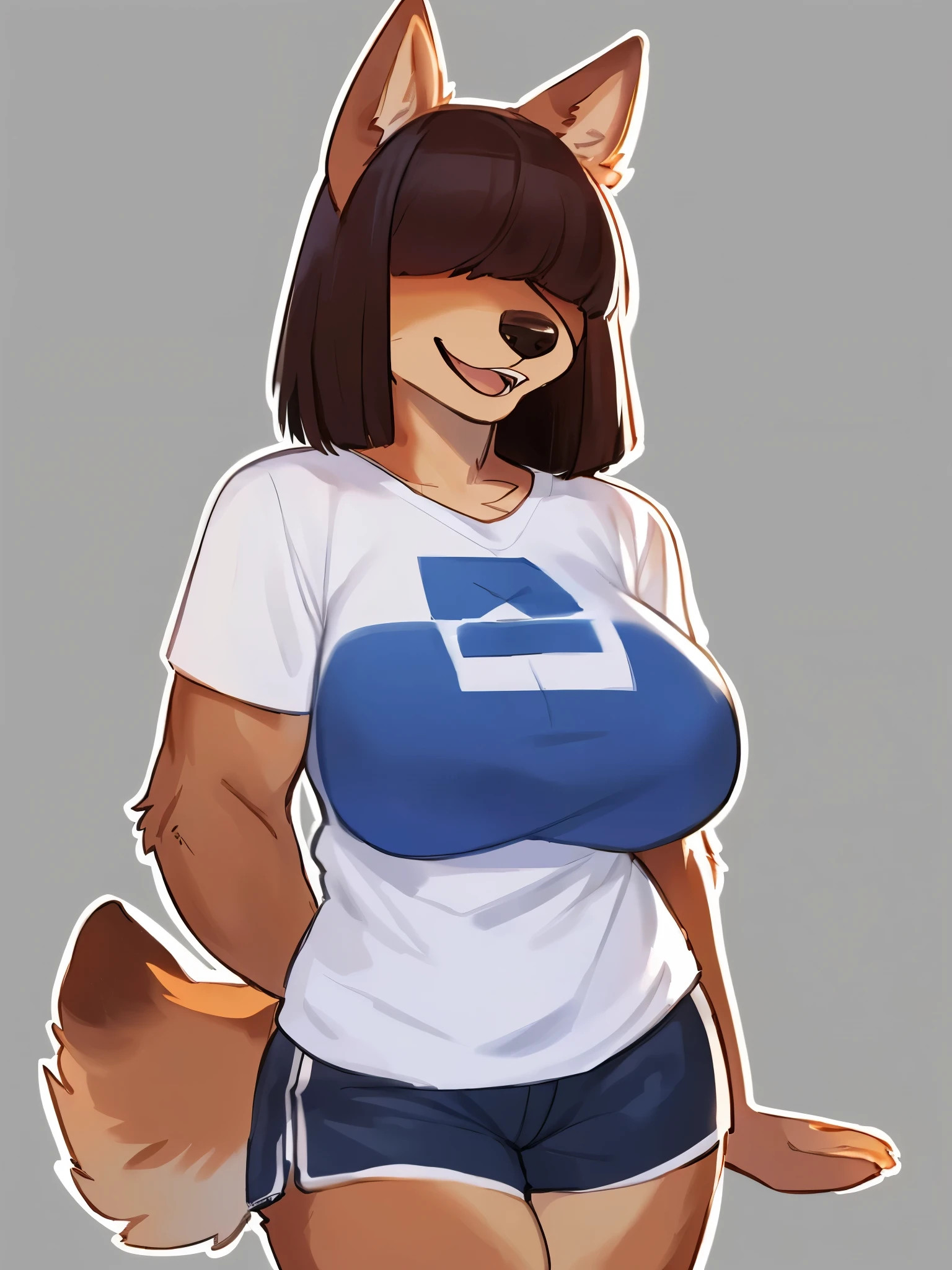 By bebebebebe, by lostgoose, by goonie-san, female, ((canine, snout, hair covering eyes, straight hair, medium hair, flat hair, ears, thin snout)), brown fur, big poofy tail, raised tail, dark maroon hair, ((muscular, big breasts)), solo, smiling, happy, open mouth, saying hello, excited, hands on thighs, looking at viewer, graphic tee shirt, short shorts