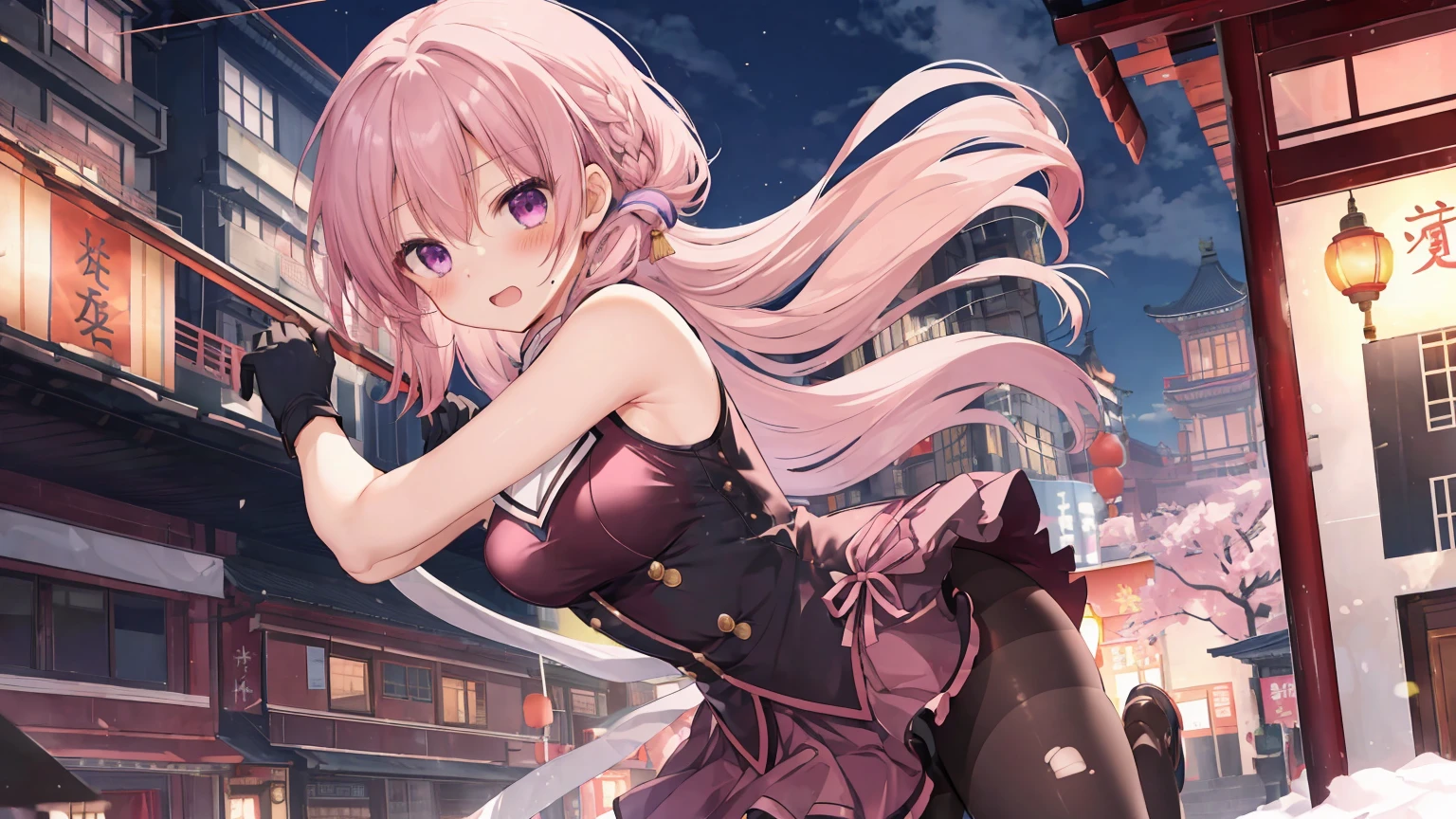 ChinaDress，Chinese buildings background， solo，a girl，170cm height，45CM bust，Pink medium long hair，Purple eye，Black underwear，night，gentle，Smile， ((black pantyhose))，indoors，(((With bare armlack gloves，With bare arms，mitsukasa ayase，fighting pose，Blushing ，shyness，open mouth，Damaged clothes