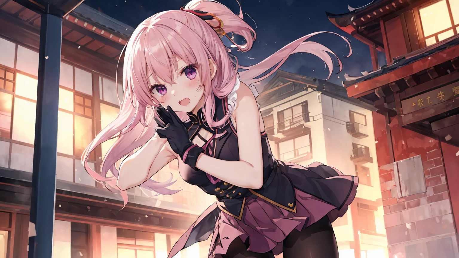 ChinaDress,Chinese buildings background, solo,a girl,170cm height,45CM bust,Pink medium long hair,Purple eye,Black underwear,night,gentle,Smile, ((black pantyhose)),indoors,(((With bare armlack gloves,With bare arms,mitsukasa ayase,fighting pose,Blushing ,shyness,open mouth,Damaged clothes