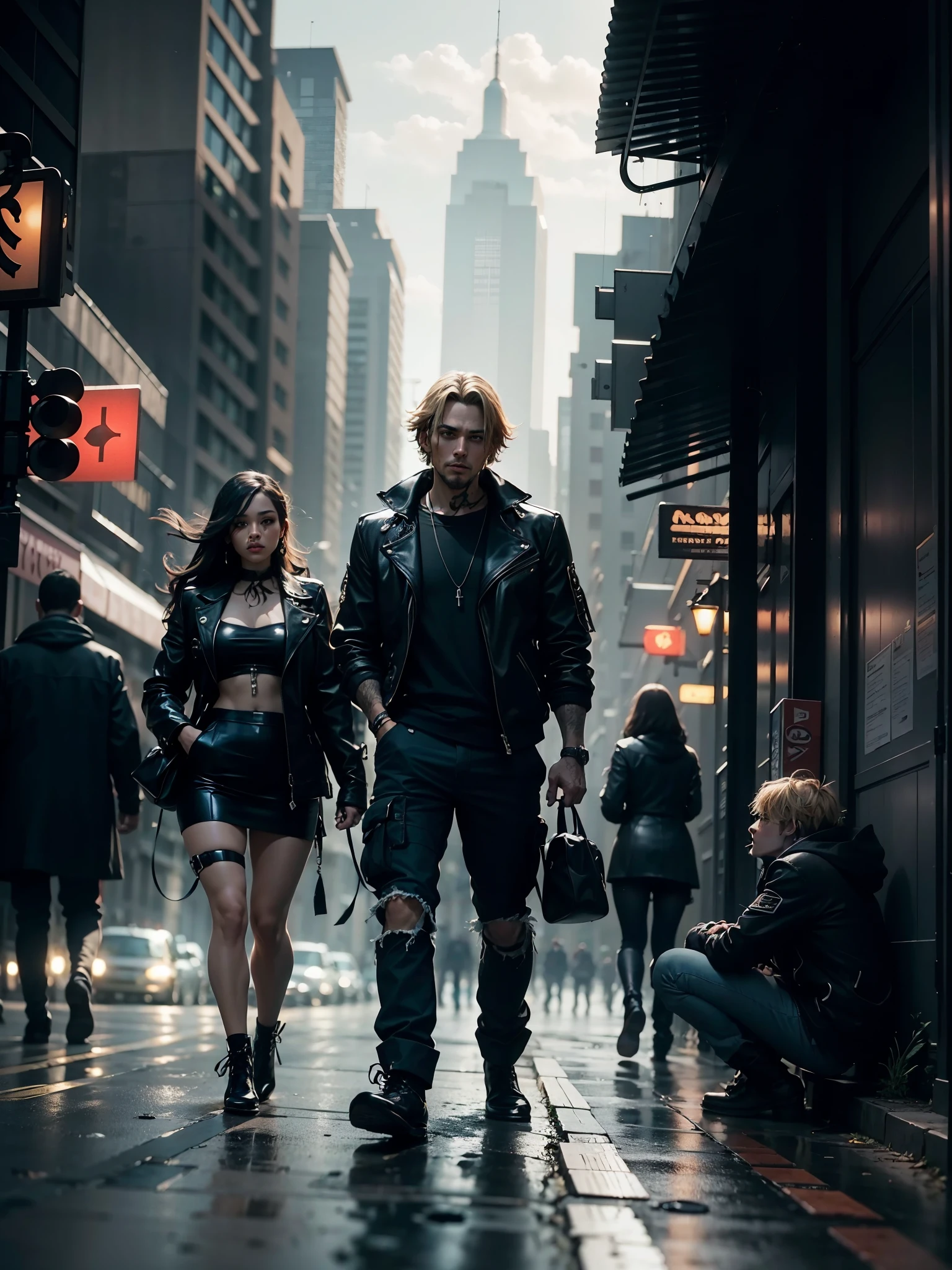 A dark female vampire policewoman who arrests an undead thief in a street of a semi-destroyed city, we can glimpse some rubble with some skulls and pieces of buses