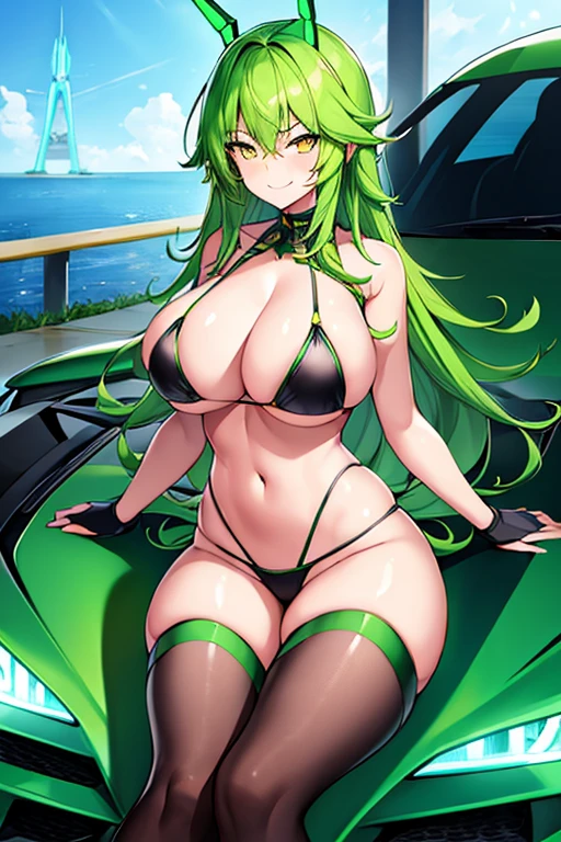 1girl, large breasts, breasts, wide hips, green hair, highleg bikini, bikini, black bikini, yellow eyes, smirk, smile, car, futuristic, science-fiction, tech, neon, neon trim, shoes, machinery,