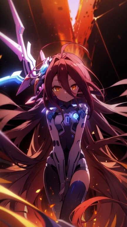Masterpiece, Top quality, high resolution, highres, 8k, best quality, HD, child, 1 male, shota, cute, innocent, ((dark skin)), orange eyes, otokonoko, dark brown hair long hair in a side-swept style smooth, wearing an a black fullbody bodysuit, exosuit armour parts, cute artstyle, stand still, close up, (Shuvi), (deus ex machina race), (no game no life), Mecha Musume