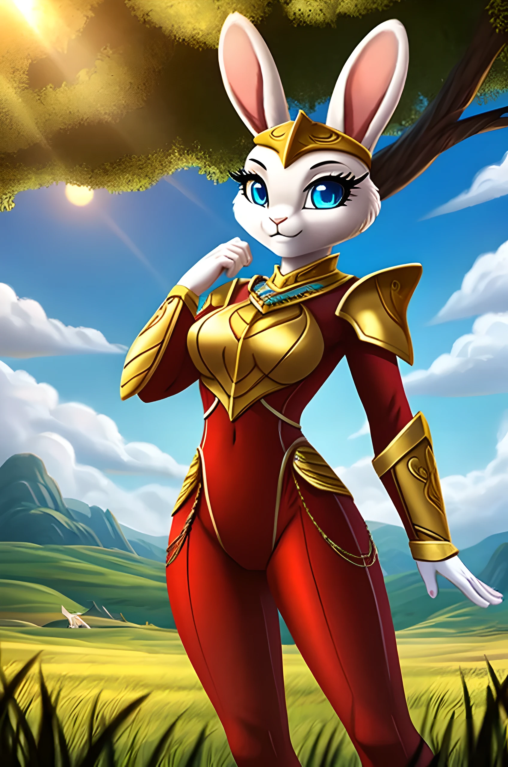 zoomed out image, fantasy style art, a shapely female white bunny with blue eyes, raised ears, poofy rabbit tail, long eyelashes, wearing a fantasy style suit of golden armor, red tights, stunning visuals, in a grassy valley, sunny day, digital illustration
