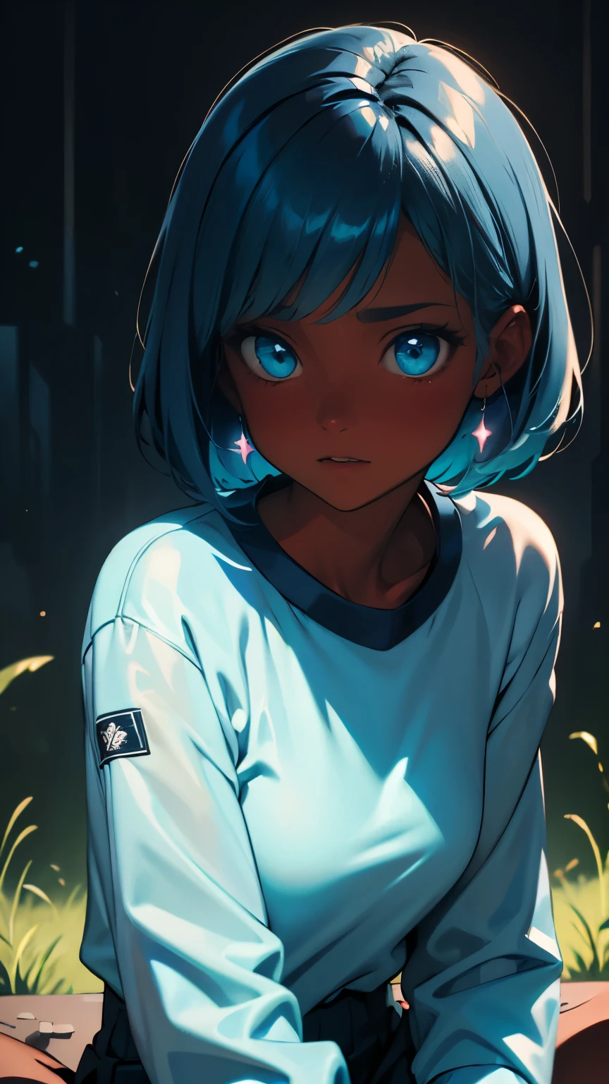 Pretty black woman sitting on a hillside, soft hair, funkypop, cyberdelic, grunge, hyperrealistic anime, lofi art, luminism, manga, medium shot, chemiluminescence, flare, flourescent lightin, character design, atey ghailan, basquiat, colorful_frequencies, electric colors, iridescent, dynamic pose, nouveau realisme, city background, african american