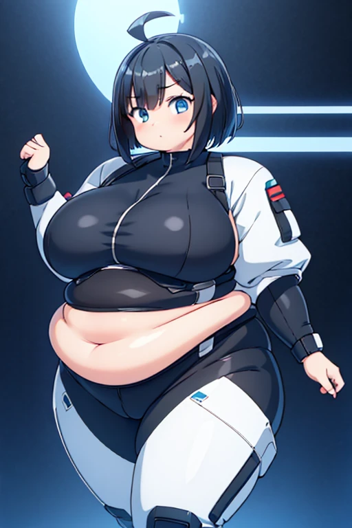 Chubby tactical girl, (bodysuit): 1.4, fat rolls, short black hair, (bob hair): 1.2, ahoge, solid white bodysuit, blue eyes, pudgy, hand on hip pose, (obese belly):1.2