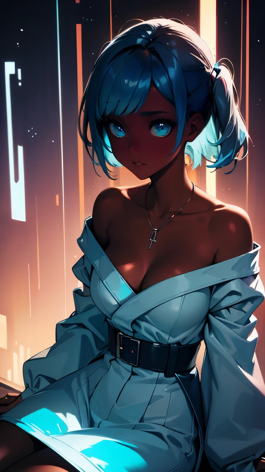 Pretty black woman sitting on a hillside, soft hair, cyberdelic, grunge, hyperrealistic anime, lofi art, luminism, manga, medium shot, chemiluminescence, flare, flourescent lightin, character design, atey ghailan, basquiat, colorful_frequencies, electric colors, iridescent, dynamic pose, nouveau realisme, city background, african american, casual dress 