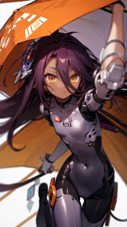 Masterpiece, Top quality, high resolution, highres, 8k, best quality, HD, child, 1 male, shota, cute, innocent, ((dark skin)), orange eyes, otokonoko, dark brown hair long hair in a side-swept style smooth, wearing an a black fullbody bodysuit, exosuit armour parts, cute artstyle, stand still, close up, (Shuvi), (deus ex machina race), (no game no life), 