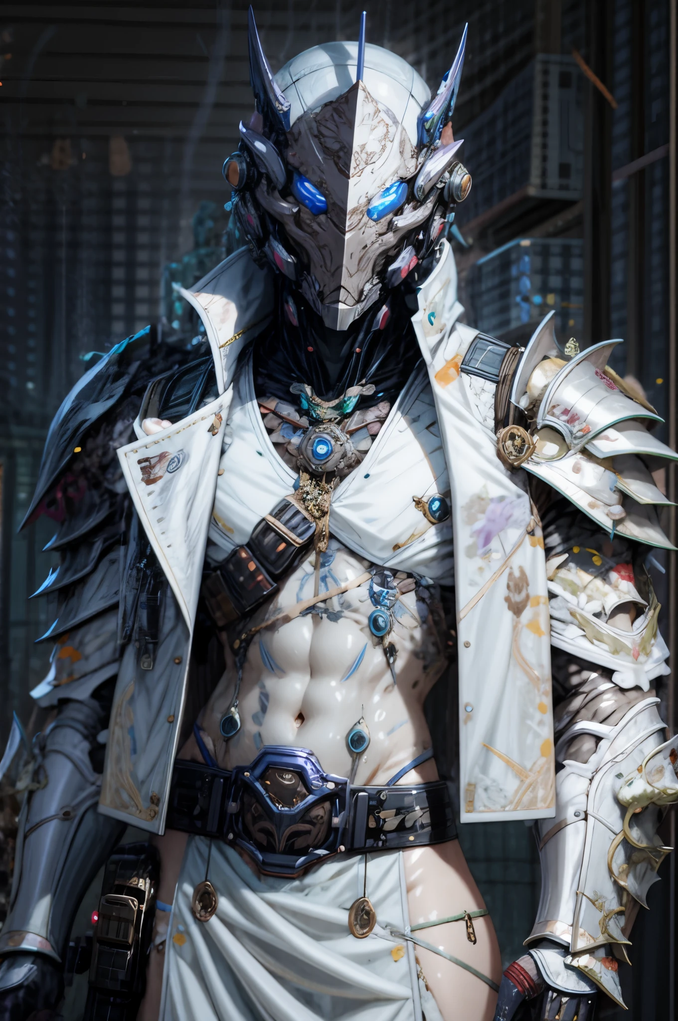 (((An epic and visually stunning digital anime masterpiece featuring a sylphlike masculine ((male:1.5)) decorated military dieselpunk cyborg demon soldier clad in a sleek yet tactical armored yet decorated leather military trench coat:1.2))), (((flat masculine male chest:1.5, mechanical full head helmet with narrow eyes:1.5))), (((the character adorned in a (scifi tactical armored open front trench coat with a built in exoskeleton:1.5) (over a form fitted armor plated yet super sleek and revealing under suit with waist cut outs:1.3), the armor is beautifully engraved:1.4))), The image showcases the intricacies of the character’s armor and clothing:1.5, ((capturing their flamboyant and feminine essence and heavy mecha aesthetic:1.2)). The character also possesses an androgynous charm, (((with slim yet heavily muscled physique:1.2, sylphlike with a sleek waist, toned yet beautifully sleek cybernetic arms:1.3, mechanical arms and legs:1.3, mecha muscles:1.3))), looking at viewer, (((brass metal armor and brown leather, dieselpunk:1.3))), (((depth of field, cinematic lighting, chromatic aberration, ray tracing, UHD, masterpiece, top of head covered, super detail, high details, high quality, award winning, 8k, highres)))