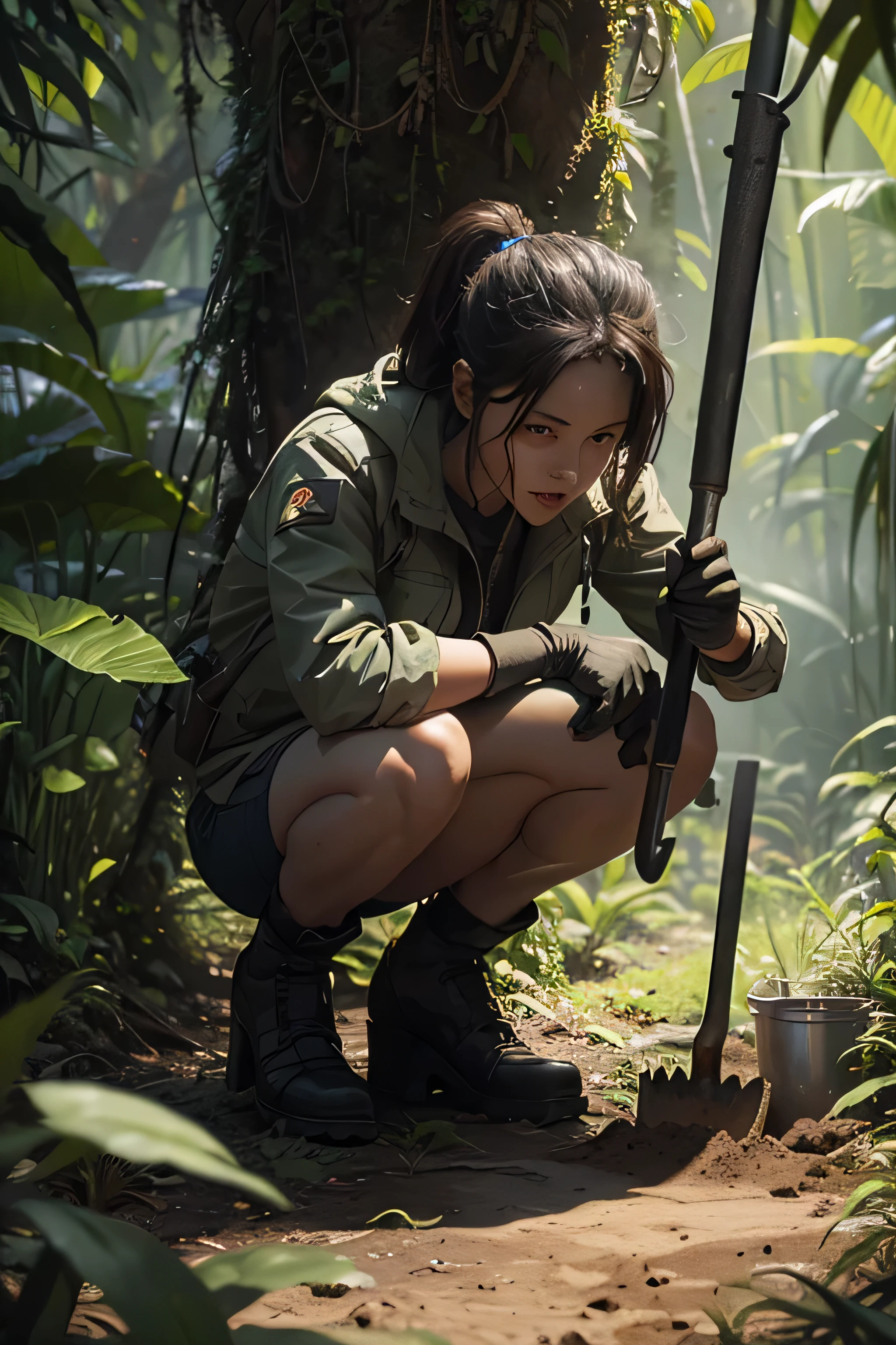 Armed with a shovel and containers, the scientist collecting soil samples crouched down to gather earth from different locations, hoping to unveil the secrets hidden beneath the jungle floor. ((best quality)), ((masterpiece)), ((ultra realistic)), (comic style) (Outstanding、Professional、Surreal) nigh scary shadows
