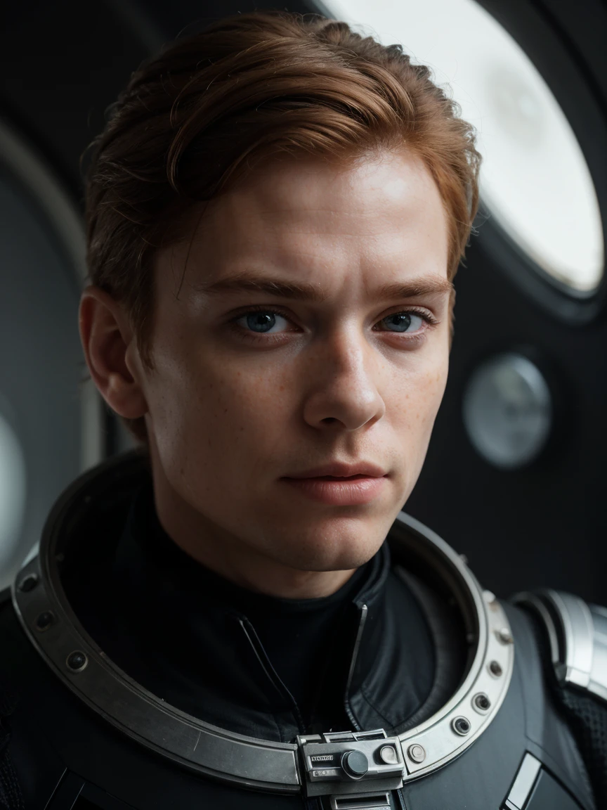 (best quality,4k,8k,highres,masterpiece:1.2),ultra-detailed,(realistic,photorealistic,photo-realistic:1.37),portrait,man,ginger hair,black,space,futuristic spacesuit,cute face,science fiction,dystopian,detailed eyes,light brown eyes,freckles:0.8