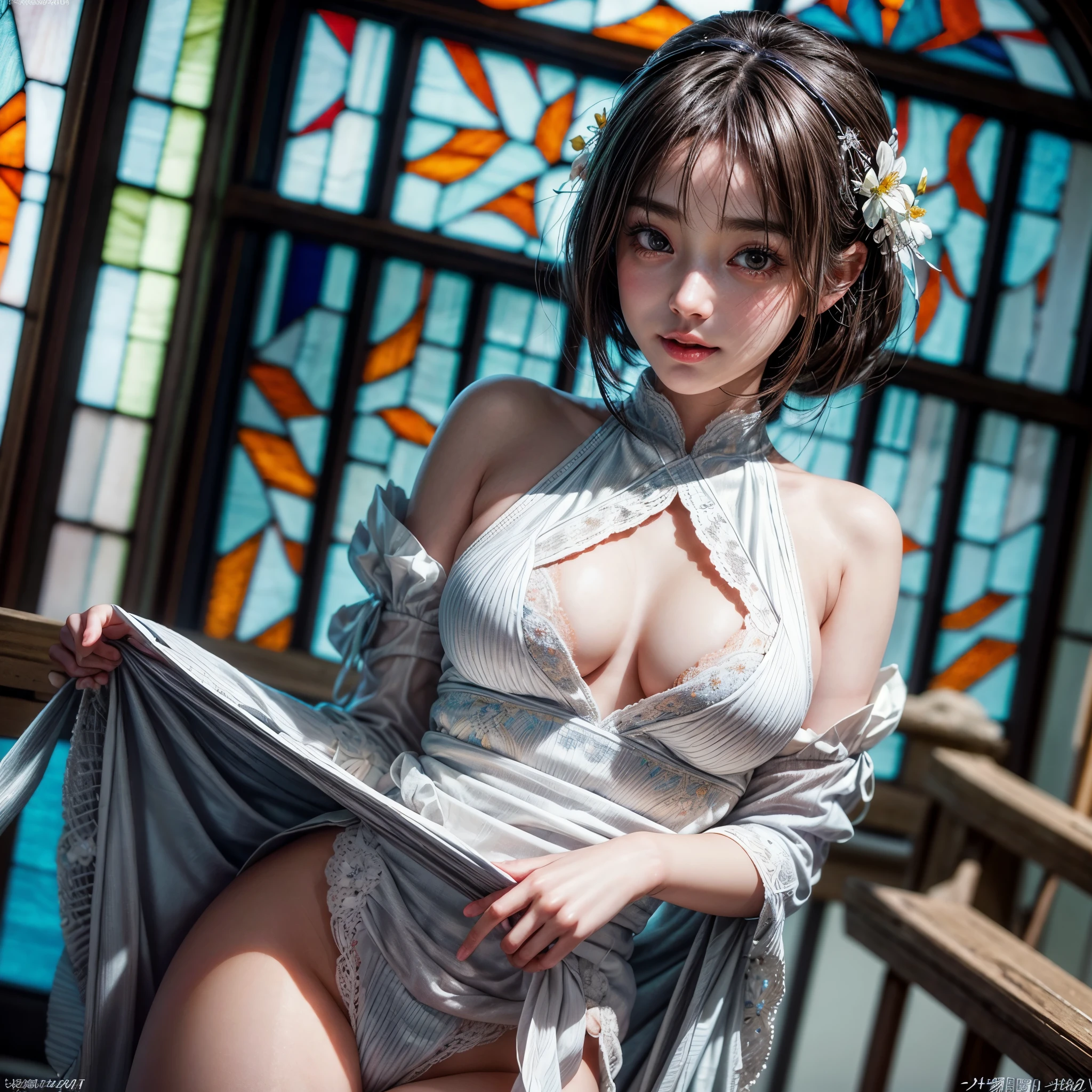 SFW, concept art, Tiny junior idol, Delicate lace knitted white clothes, (nipple:-0.9), face closeup, ((Dazzling stained glass Background)), (((Renbutsu Misako), colorful Light shines through stunning elaborate stained glass:1.2, vivid Red colors, lense Particle, lens flare, light Particle, Acutance:0.8)). (masterpiece:1.2),(ultra-detailed:1.37),(realistic,photorealistic,photo-realistic:1.37), (Extremely detailed KAWAII face variations, innocent expression variations), rosy cheeks, intricate detailed eyes with sparkling highlights, long eyelashes,captivating gaze, subtle blush on the face. Mystic sight, haze, impeccable skin texture, full of flowers covering girl's body, ((Dynamic-angle, physically-based rendering)) . (((not Detailed fingers:-0.9))) .