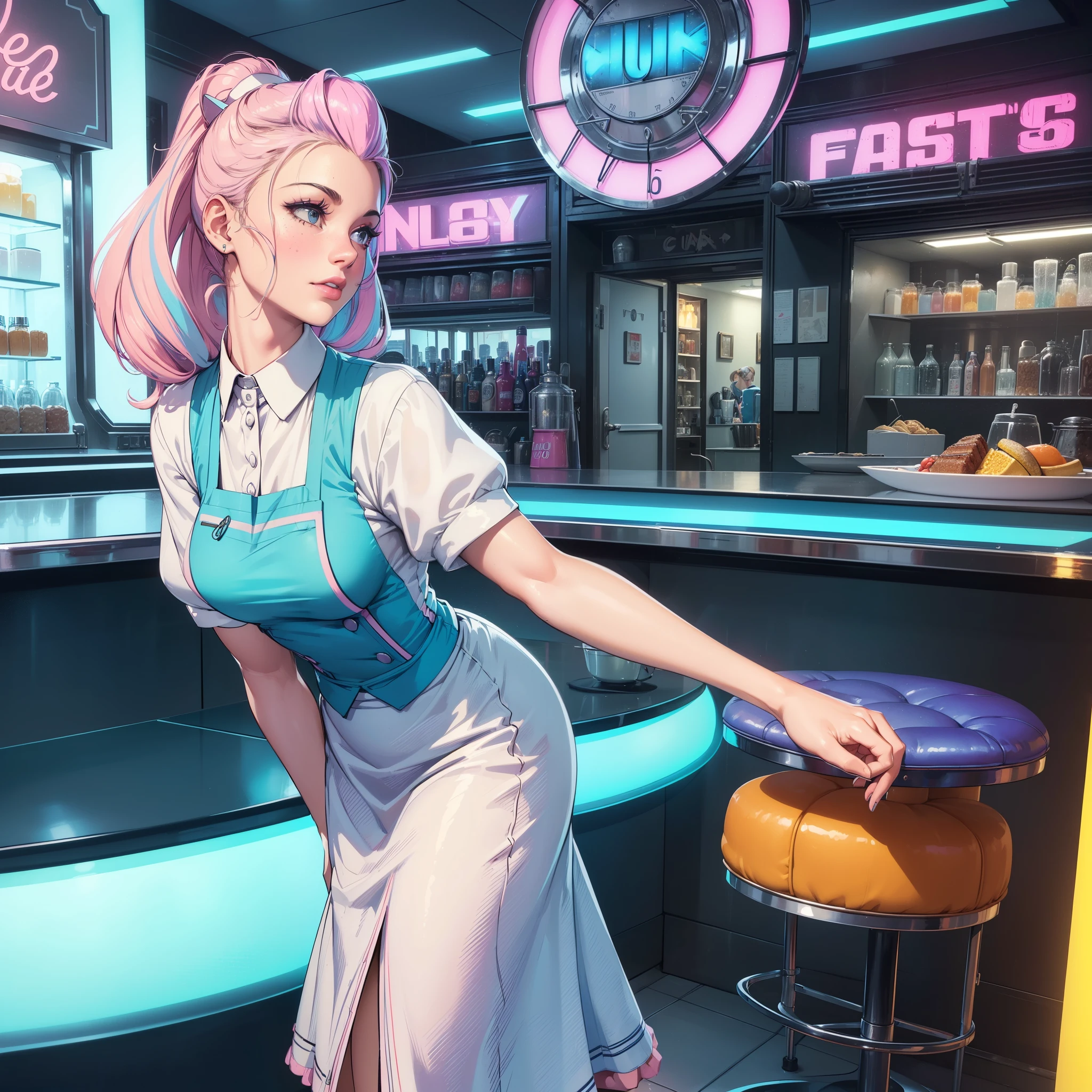 ((Quality: masterpiece, best quality, UHD, anatomically correct, photo realism, textured and detailed skin, skin pores, skin imperfections, textured and detailed hair, volumetric lighting, hyper realistic and detailed background, 30 years old, solo)), whimsical and creative artist woman with a palette of vibrant colors, vintage 50s diner waitress on roller skates, vintage 50s diner bar, futuristic appliances with neon lights, (((bright pastel colours))), unconventional clothing (((old fashioned waitress uniform)