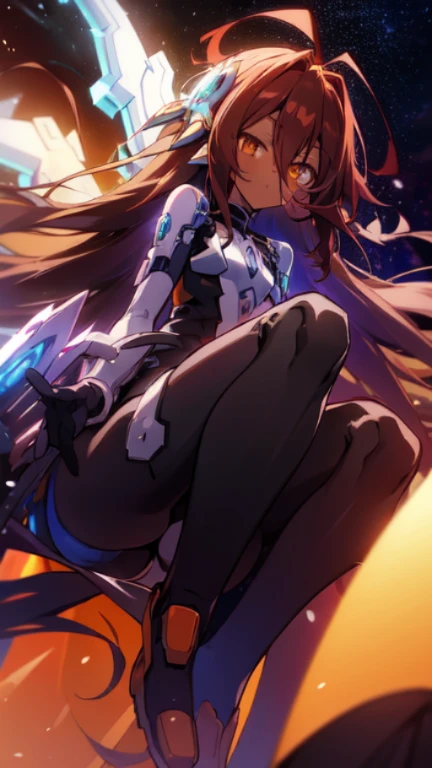 Masterpiece, Top quality, high resolution, highres, 8k, best quality, HD, child, 1 male, shota, cute, innocent, ((dark skin)), orange eyes, otokonoko, dark brown hair long hair in a side-swept style smooth, wearing an a black fullbody bodysuit, exosuit armour parts, cute artstyle,close up, (Shuvi), (deus ex machina race), (no game no life), Mecha Musume Wing's, A starry sky,