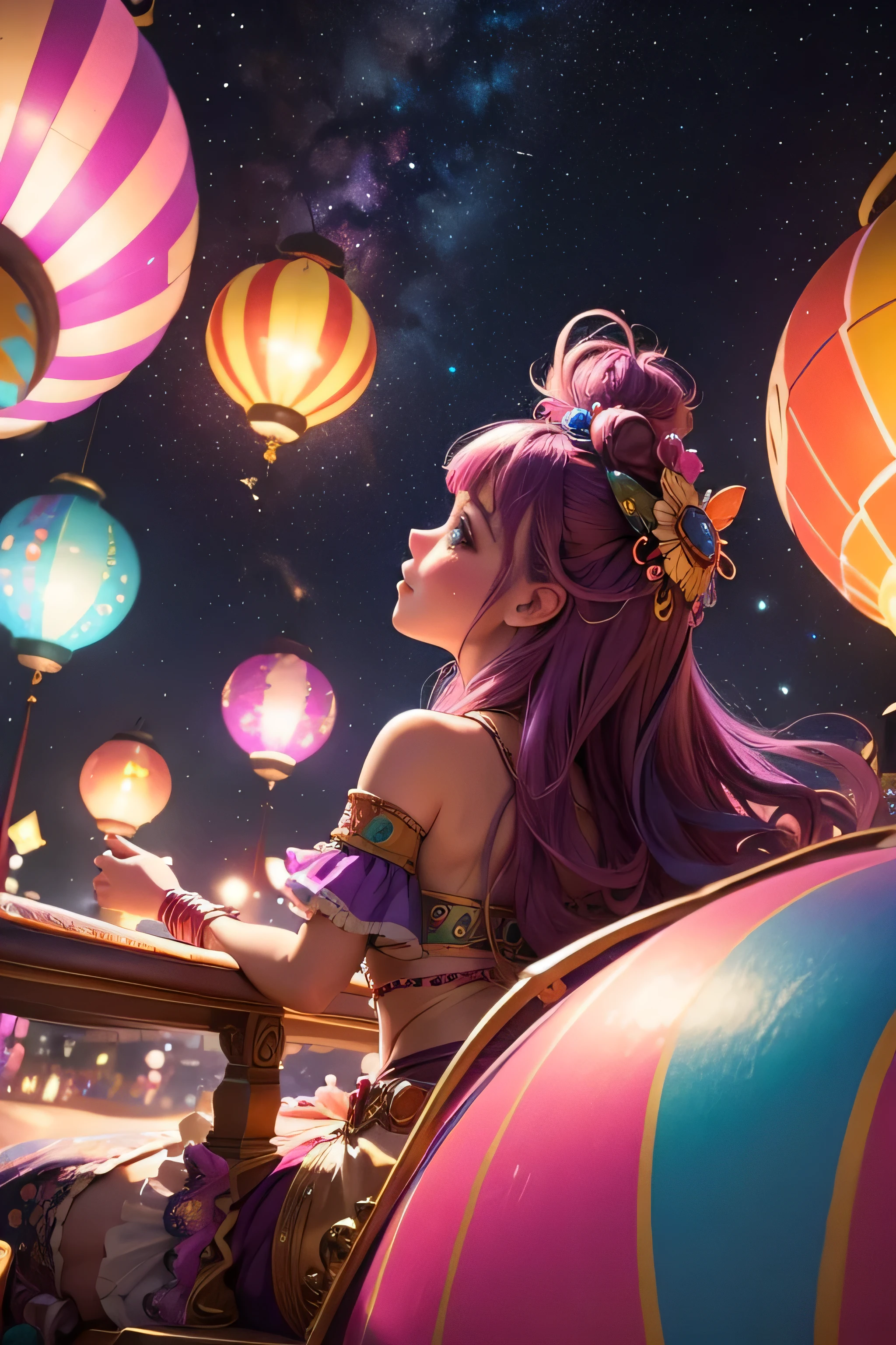 Medium: Traditional painting with a vibrant, dreamlike color palette.
Resolution: 4500x2800 pixels.
Color Palette: Cosmic purples, radiant pinks, and vivid teals.
Sentiment: Whimsical, celebratory, and magical.
Composition: Extravagant carnival in space, with floating rides, celestial performers, and colorful fireworks.
Illuminating: Cosmic lights from whimsical lanterns and glowing carnival attractions.
