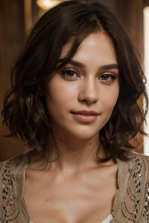 Breathtaking cinematic photo of a 30 year old girl with brown hair and brown eyes, happy, cheerful expression, smile, beautiful lips, intricate details, shallow depth of field, highly detailed, high budget, epic Hollywood film, gorgeous, masterpiece, award-winning, professional, highly detailed, detailed skin texture, (blush: 0.5), (goosebumps: 0.5). (the most beautiful woman in the world) (brown hair) (short curly hair, wild hair, stylish cut) thin face, thin nose, beautiful, very beautiful, perfect face, slender body (slender), (brown hair) (brown eyes ) (white skin) Beautiful body, western face, predatory eyes, pink lips, thick thighs. full body, western beauty, thin nose, beautiful, perfect, ((best quality)), ((ultra resolution)), ((photorealistic: 1.4)), (intricate details), perfect face, makeup: 1.5 , clear face, facial details. front view