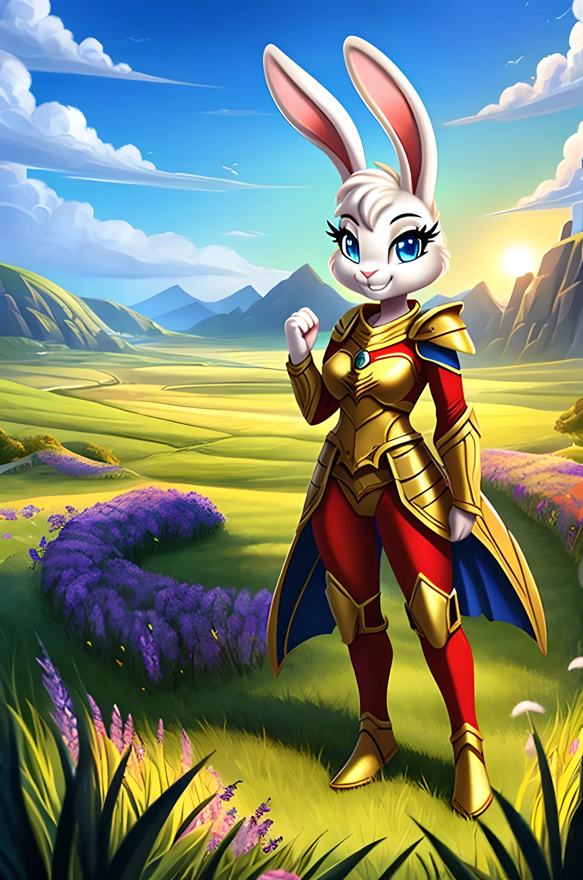 zoomed out image, fantasy style art, a shapely female white bunny with blue eyes, raised ears, poofy rabbit tail, long eyelashes, heroic look, encouraging smile, wearing a fantasy style suit of golden armor, red tights, stunning visuals, in a grassy valley, sunny day, digital illustration