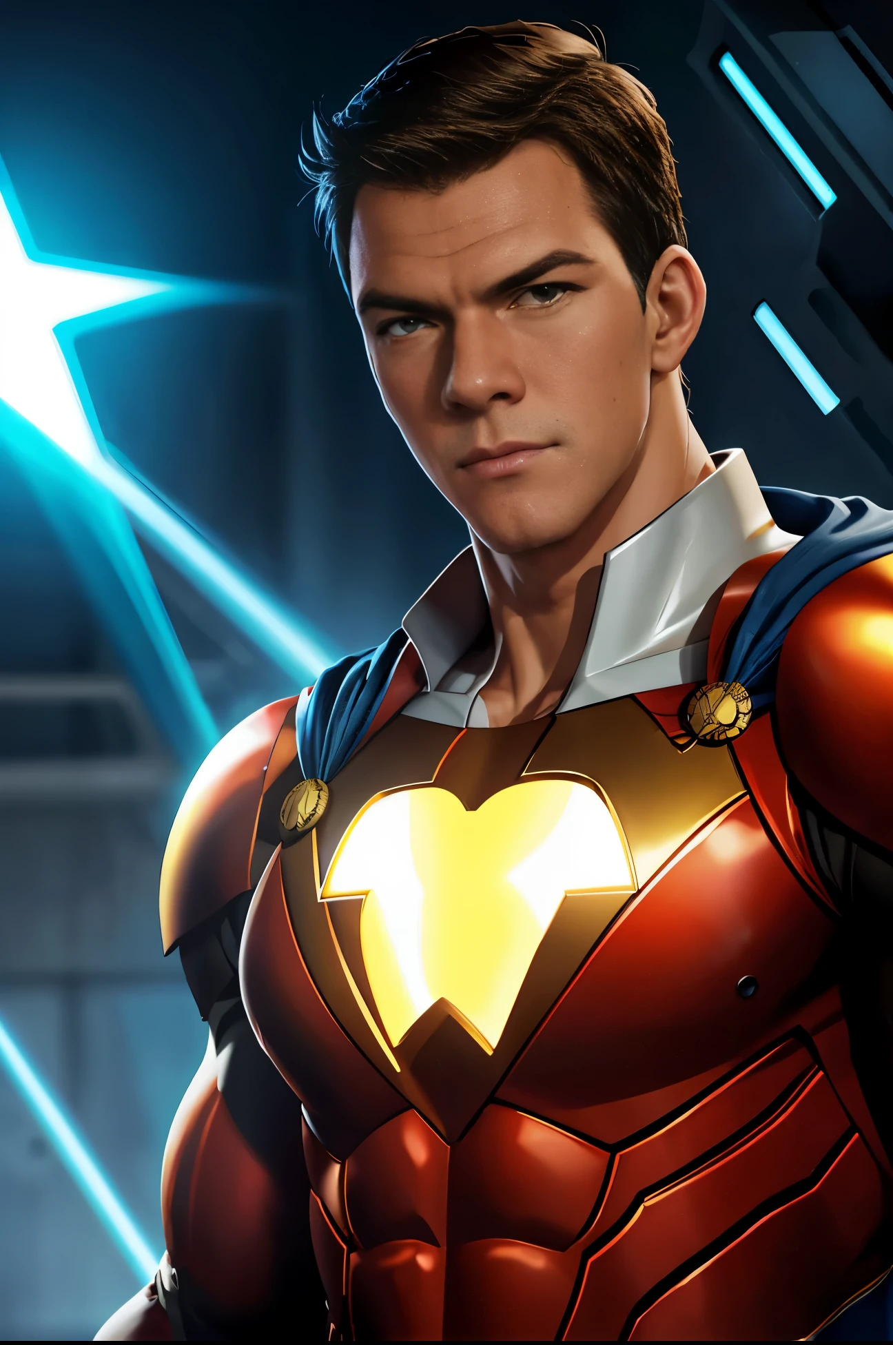 Shazam from DC comics.  with the face of Alan Ritchson..red uniform.white cape bright lightning on the chest.  yellow metallic details on the uniform.  black hair.