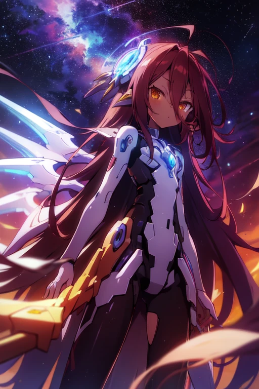 Masterpiece, Top quality, high resolution, highres, 8k, best quality, HD, child, 1 male, shota, cute, innocent, ((dark skin)), orange eyes, otokonoko, dark brown hair long hair in a side-swept style smooth, wearing an a black fullbody bodysuit, exosuit armour parts, cute artstyle, stand still, close up, (Shuvi), (deus ex machina race), (no game no life), large Mecha Musume Wing's, A starry sky,