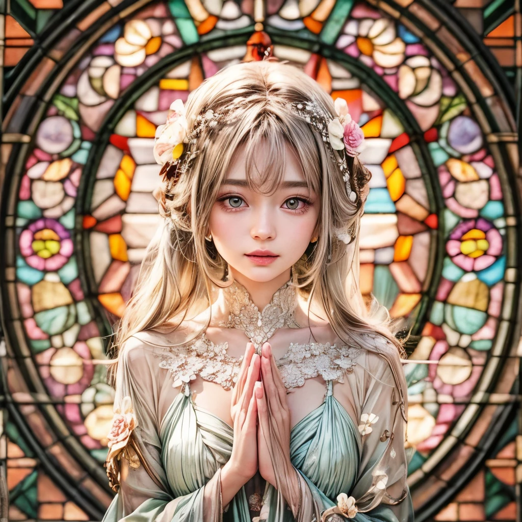 SFW, concept art, Tiny junior idol, Delicate lace knitted white clothes, (Exposed:0.9), (nipple:-0.9), (Dynamic closeup, (Dazzling stained glass Background)), (((Renbutsu Misako), colorful Light shines through stunning elaborate stained glass:1.2)), vivid Red colors, lense Particle, lens flare, light Particle, Dazzling Halo. ((Acutance:0.8)), (masterpiece:1.2),(ultra-detailed:1.37),(realistic,photorealistic, ((photo-realistic:1.37))with touch of rawness). (Extremely detailed KAWAII face variations, expression variations),  detailed eyes with sparkling highlights, captivating gaze, long eyelashes, subtle blush on the face, rosy cheeks, impeccable skin texture . { full of flowers covering girl's body | Mystic sight | haze }, ((Dynamic-angle, physically-based rendering)) . (((large eyes:-0.9, not Detailed fingers:-0.9))) .