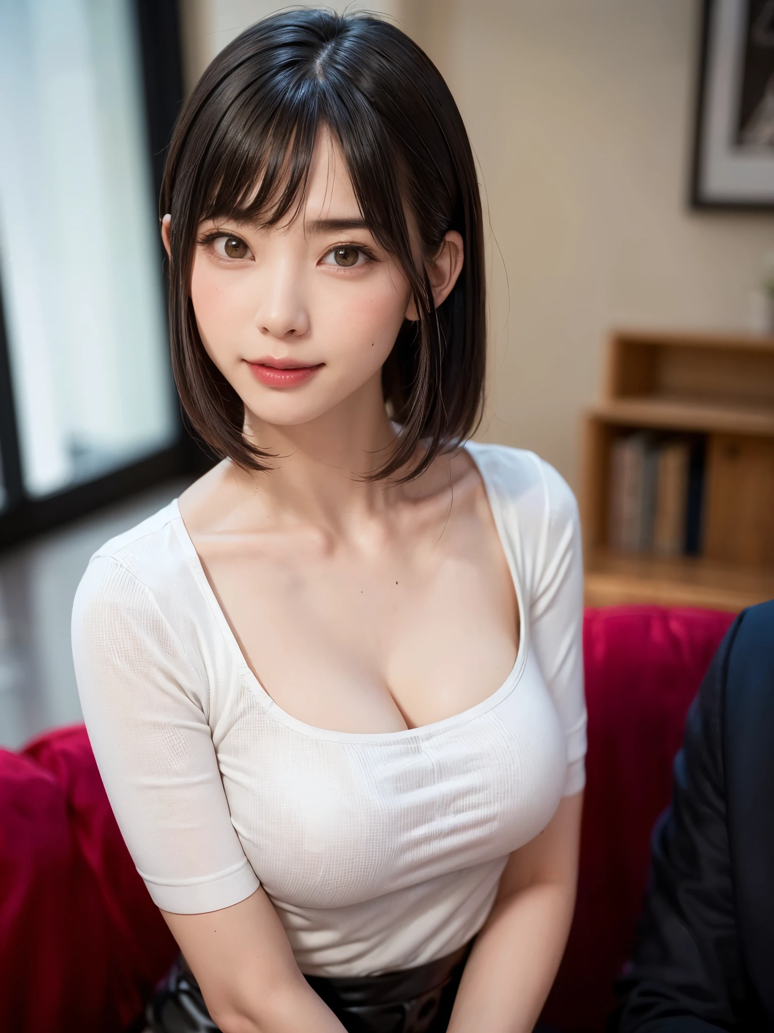 (muste piece, highest quality、High definition:1.4、very attractive beauty、Add intense highlights to your eyes、Look firmly at the camera:1.4、A beautiful woman full of charm、Ideal ratio body proportions、perfect anatomy、brunette short bob hair、shiny hair、bangs:1.4、光沢のあるbangs:1.4、lip gloss),1 girl, Report, light brown shiny hair, Scarf,real, look at the audience、tilt your head a little, bright colored crystal light blue eyes, shiny short hair、 White turtleneck costume with a hole in the center of the chest,Sexy white turtleneck knit sweater with a round hole in the middle of the chest、 lips, lip gloss, upper part of the body、Big eyes、Lashes、face is a little red、I&#39;m embarrassed)、((italian road in winter))、((short hair with Big eyess、Give students very strong highlights、{Gigantic|big breasts|Huge|Mega} Generally poor breasts:1.6、very big breastsger Generally poor breasts、look at the viewer、very beautiful beauty、stick out ears、long neck、smile、smile、Feel happy、beautiful teeth、口を開いてsmile、heart-shaped pupil))、28 years old、very cute super model、