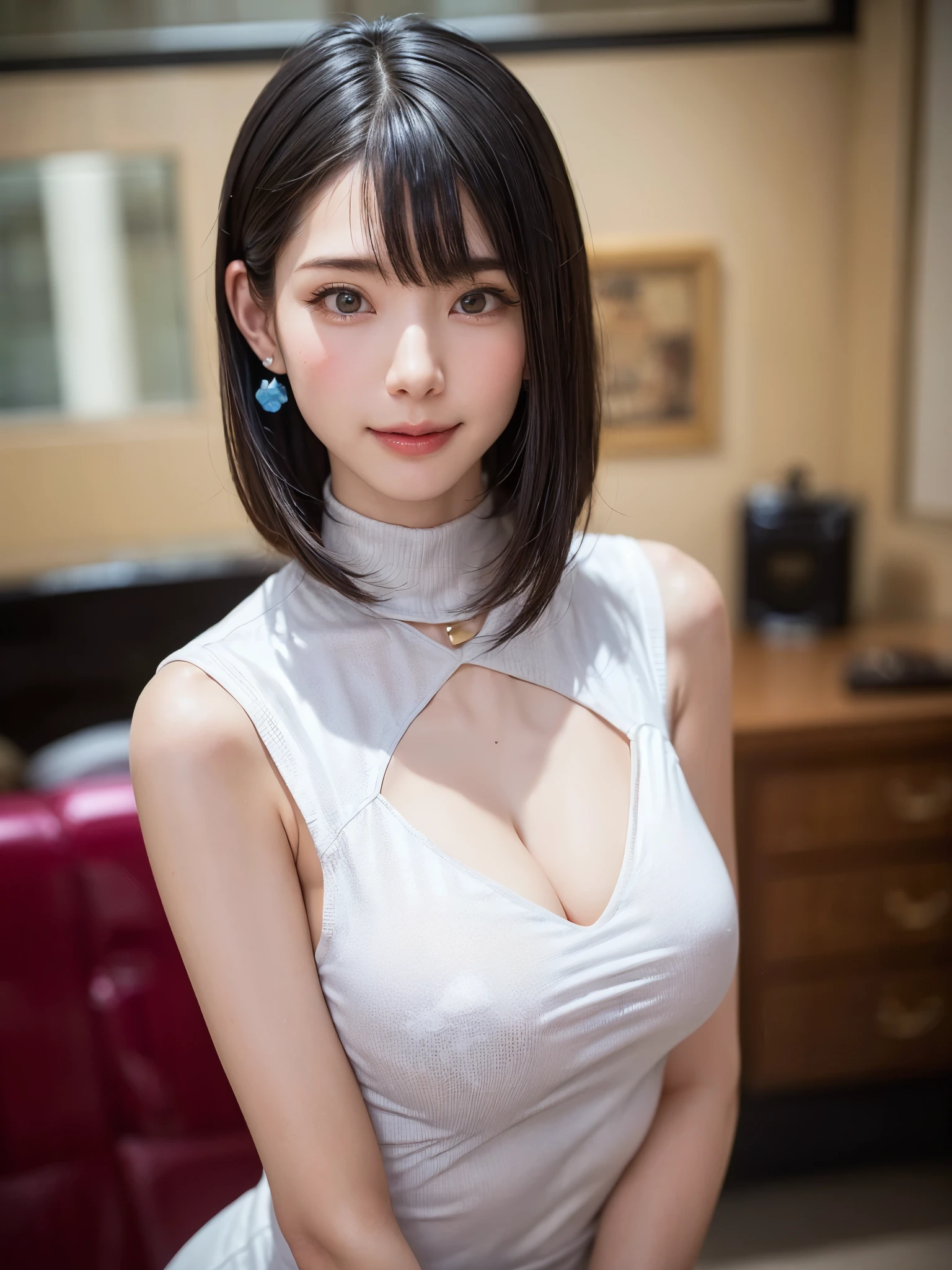 (muste piece, highest quality、High definition:1.4、very attractive beauty、Add intense highlights to your eyes、Look firmly at the camera:1.4、A beautiful woman full of charm、Ideal ratio body proportions、perfect anatomy、brunette short bob hair、shiny hair、bangs:1.4、光沢のあるbangs:1.4、lip gloss),1 girl, Report, light brown shiny hair, Scarf,real, look at the audience、tilt your head a little, bright colored crystal light blue eyes, shiny short hair、 White turtleneck costume with a hole in the center of the chest,Sexy white turtleneck knit sweater with a round hole in the middle of the chest、 lips, lip gloss, upper part of the body、Big eyes、Lashes、face is a little red、I&#39;m embarrassed)、((italian road in winter))、((short hair with Big eyess、Give students very strong highlights、{Gigantic|big breasts|Huge|Mega} Generally poor breasts:1.6、very big breastsger Generally poor breasts、look at the viewer、very beautiful beauty、stick out ears、long neck、smile、smile、Feel happy、beautiful teeth、口を開いてsmile、heart-shaped pupil))、28 years old、very cute super model、