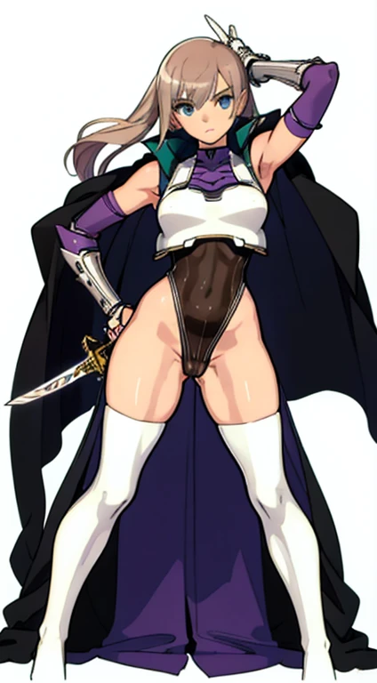 (((Best Quality))) , ((full body)), female, character design, solo, (white background), holding sword, gauntlets, waist armor, thigh high, side slit trench skirt, loincloth, fundoshi, blue, leotard, green, violet, brown, white, colorful outfit, vest, bare arms, bareback, tactical vest, Bust Bodice,