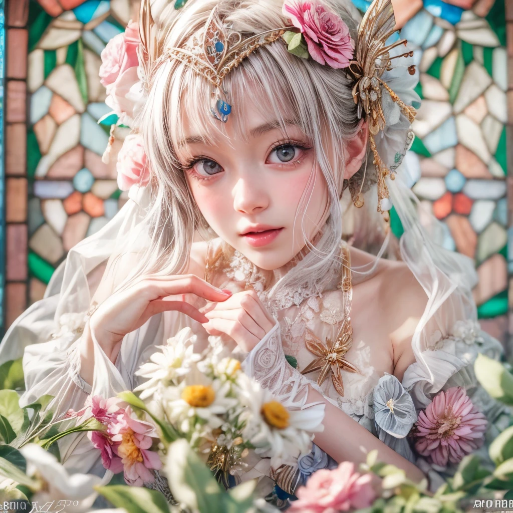 SFW, concept art, Tiny junior idol, Delicate lace knitted white clothes, (Exposed:0.9), (nipple:-0.9), (Dynamic closeup, (Dazzling stained glass Background)), (((Renbutsu Misako), colorful Light shines through stunning elaborate stained glass:1.2)), vivid Red colors, lense Particle, lens flare, light Particle, Dazzling Halo. ((Acutance:0.8)), (masterpiece:1.2),(ultra-detailed:1.37),(realistic,photorealistic, ((photo-realistic:1.37))with touch of rawness). (Extremely detailed KAWAII face variations, expression variations),  detailed eyes with sparkling highlights, captivating gaze, long eyelashes, subtle blush on the face, rosy cheeks, impeccable skin texture . { full of flowers covering girl's body | Mystic sight | haze }, ((Dynamic-angle, physically-based rendering)) . (((large eyes:-0.9, not Detailed fingers:-0.9))) .