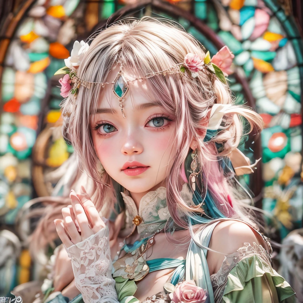 SFW, concept art, Tiny junior idol, Delicate lace knitted white clothes, (Exposed:0.9), (nipple:-0.9), (Dynamic closeup, (Dazzling stained glass Background)), (((Renbutsu Misako), colorful Light shines through stunning elaborate stained glass:1.2)), vivid Red colors, lense Particle, lens flare, light Particle, Dazzling Halo. ((Acutance:0.8)), (masterpiece:1.2),(ultra-detailed:1.37),(realistic,photorealistic, ((photo-realistic:1.37))with touch of rawness). (Extremely detailed KAWAII face variations, expression variations),  detailed eyes with sparkling highlights, captivating gaze, long eyelashes, subtle blush on the face, rosy cheeks, impeccable skin texture . { full of flowers covering girl's body | Mystic sight | haze }, ((Dynamic-angle, physically-based rendering)) . (((large eyes:-0.9, not Detailed fingers:-0.9))) .