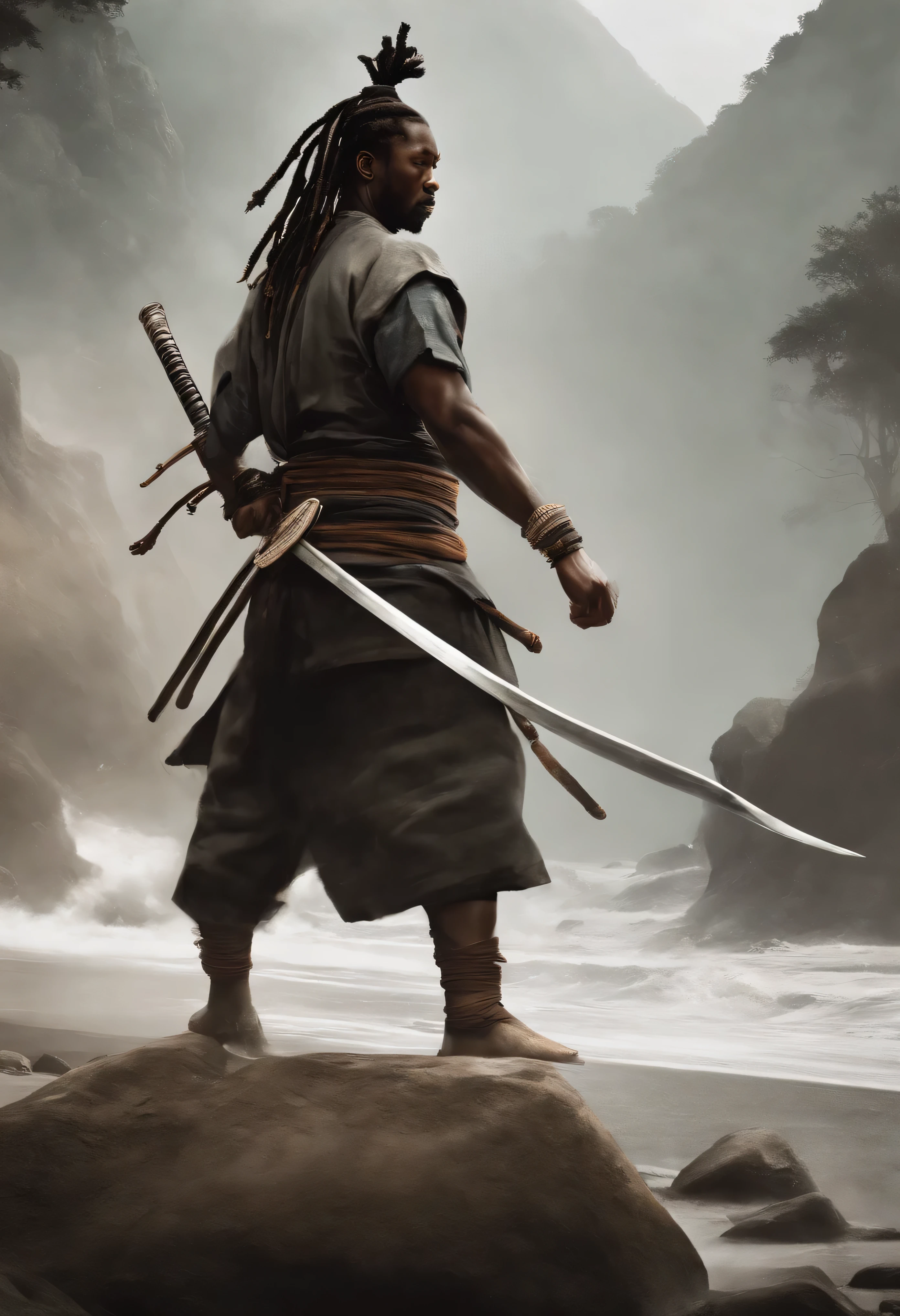 an image of Yasuke o primeiro samurai ????? com dreadlocks empunhando uma katana, Nenhum estilo de Russ Mills, Michael Garmash, charming sketches, mono-ha, Contemporary Asian art, Lilia Alvarado, Pincelada concisa --AR 69:128 --s 750 --V 5. 2, pinceladas nas cores do reggae