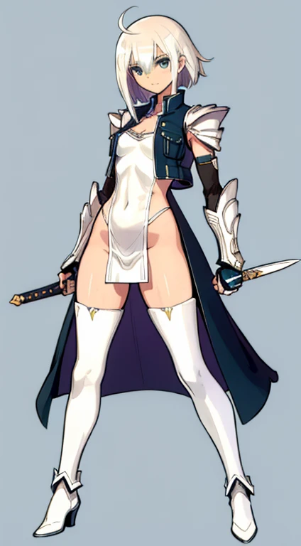(((Best Quality))) , ((full body)), female, character design, solo, (white background), holding sword, gauntlets, waist armor, thigh high, side slit trench skirt, loincloth, fundoshi, blue, leotard, green, violet, brown, white, colorful outfit, vest, bare arms, bareback, waist armor,