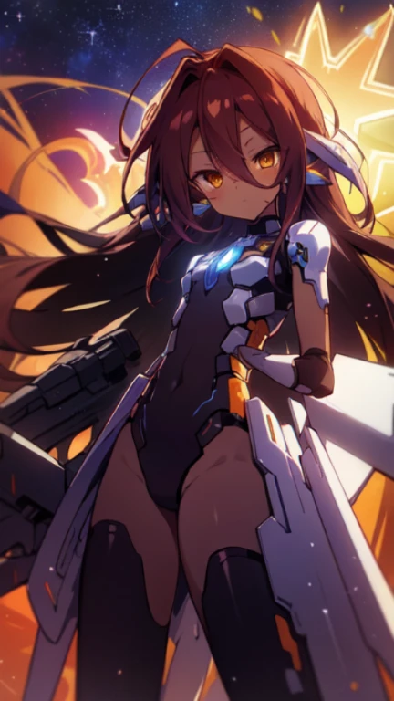 Masterpiece, Top quality, high resolution, highres, 8k, best quality, HD, child, 1 male, shota, cute, innocent, ((dark skin)), orange eyes, otokonoko, dark brown hair long hair in a side-swept style smooth, wearing an a black fullbody bodysuit, exosuit armour parts, armour waist attachment, cute artstyle, stand still, close up, (Shuvi), (deus ex machina race), (no game no life), large Mecha Musume Wing's, A starry sky,